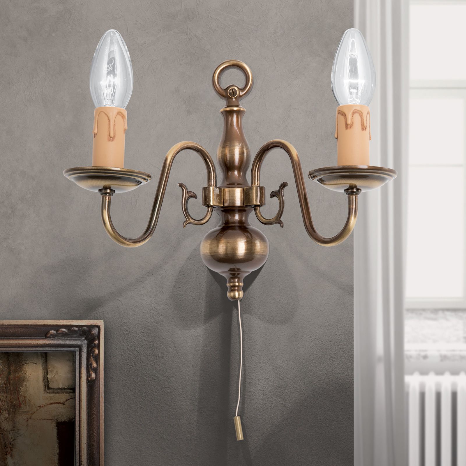 Wall light FLÄMISCH, 2-flames, Patina