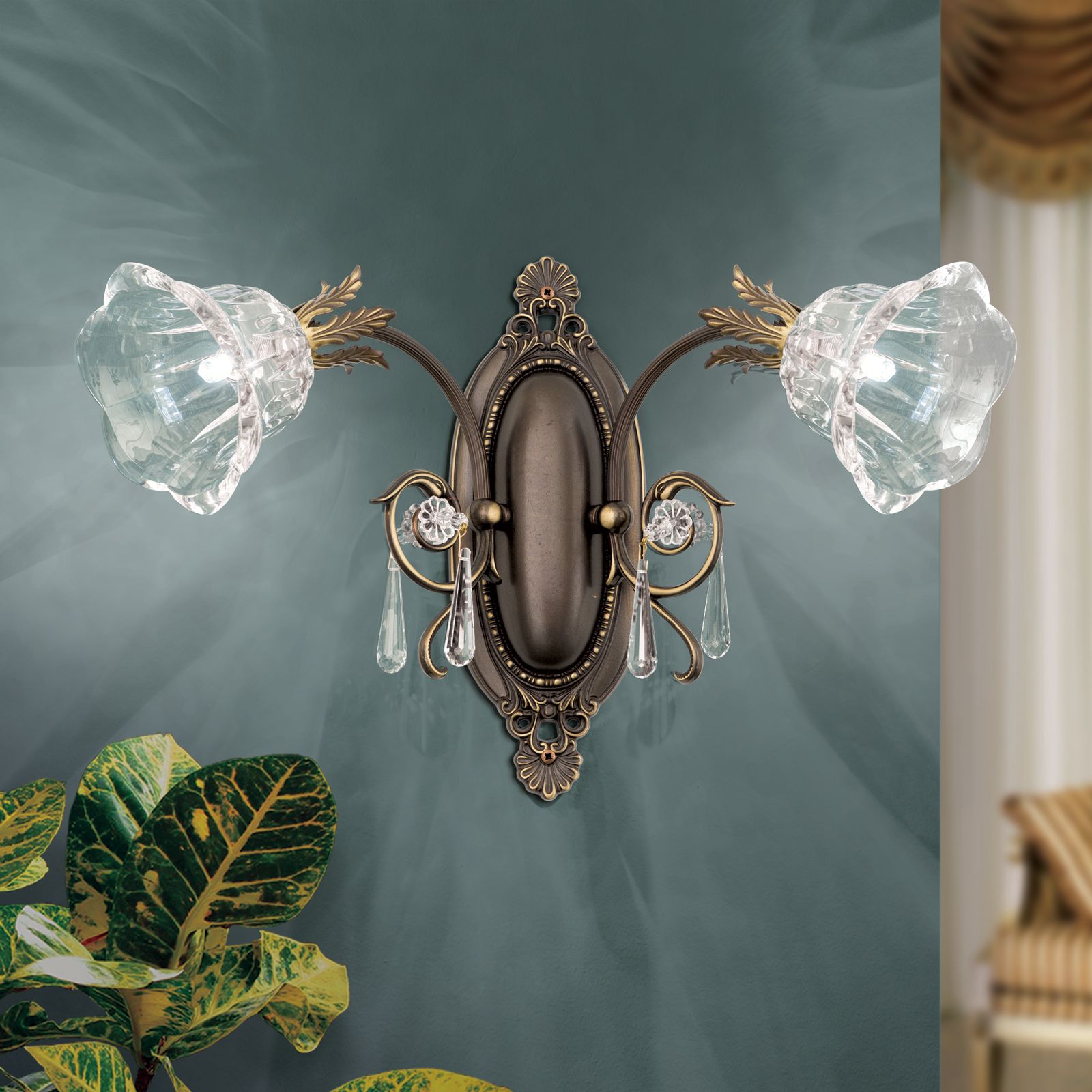 Wall light LA BOHEME, 2-flames, antique patina