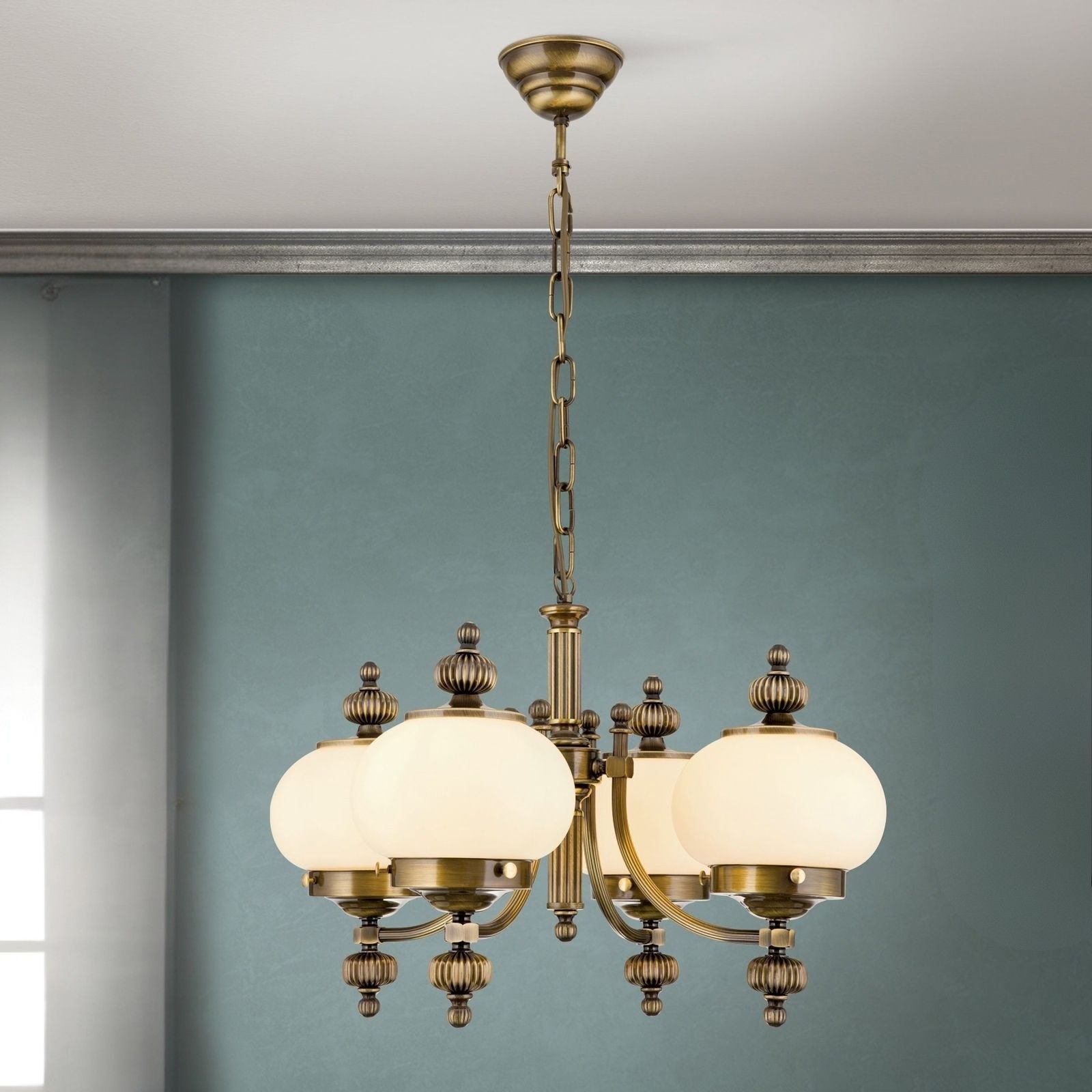 Chandelier WIENER NOSTALGIE, 4 lamps, antique brass finish, upwards, champagne coloured glasses