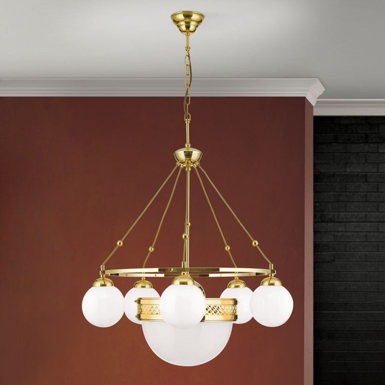 Pendant lamp ALT WIEN, 5+1-lamps, brass glossy, with opal glossy glass