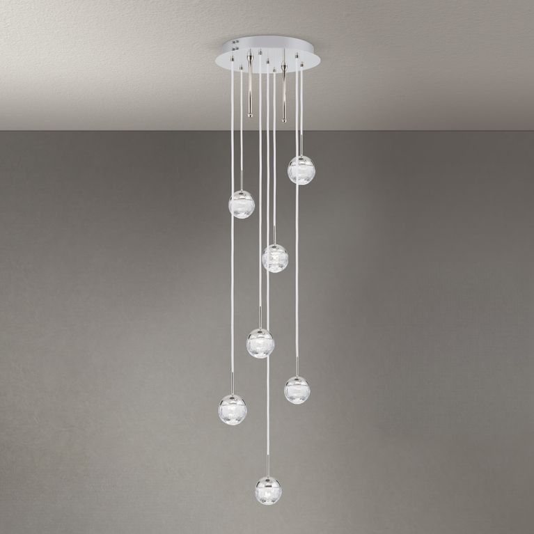 Ceiling chandelier BALL, Ø 40cm, nickel, with white textile cable and clear cut crystal glass