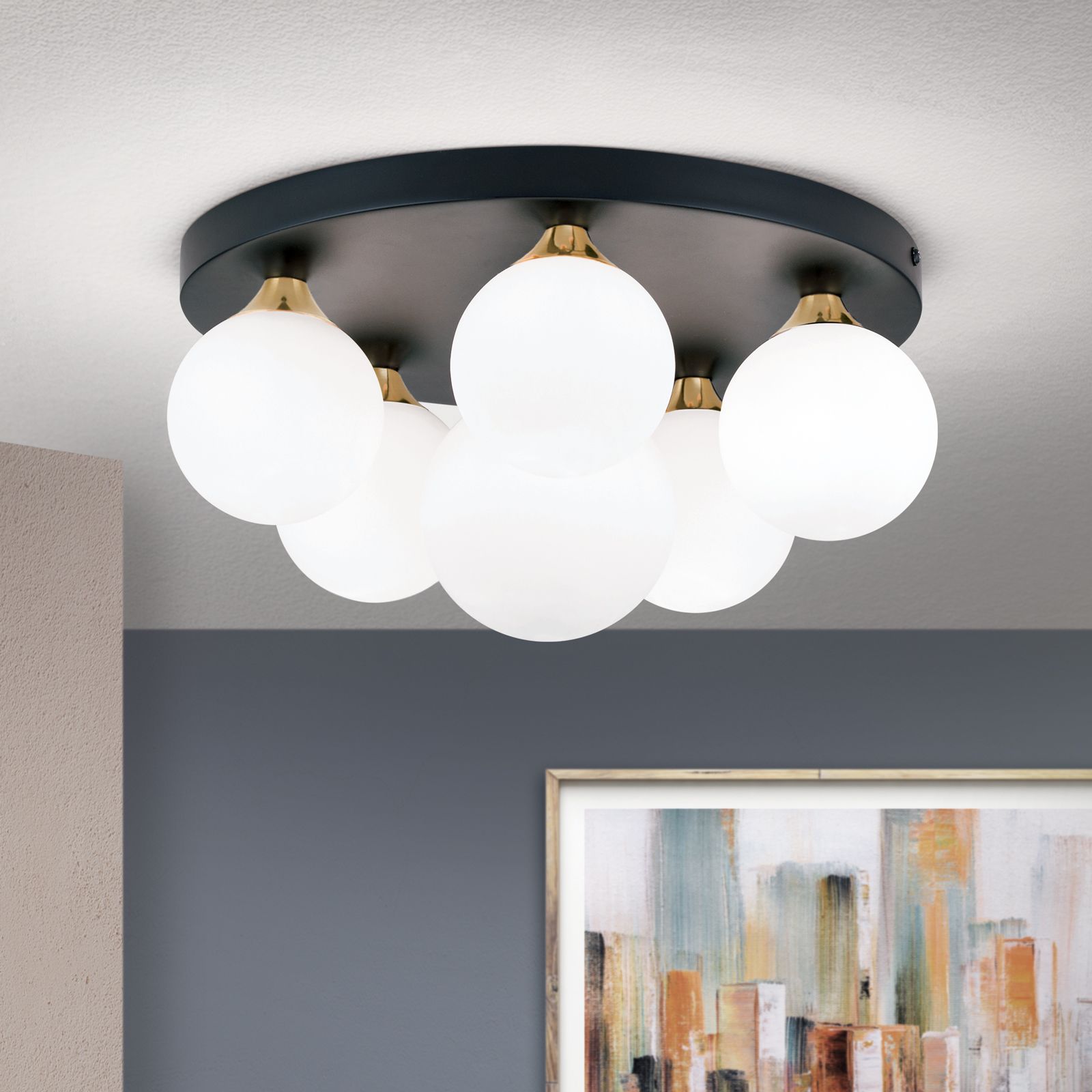 Ceiling light SNOWWHITE, 6-lamps, black brass