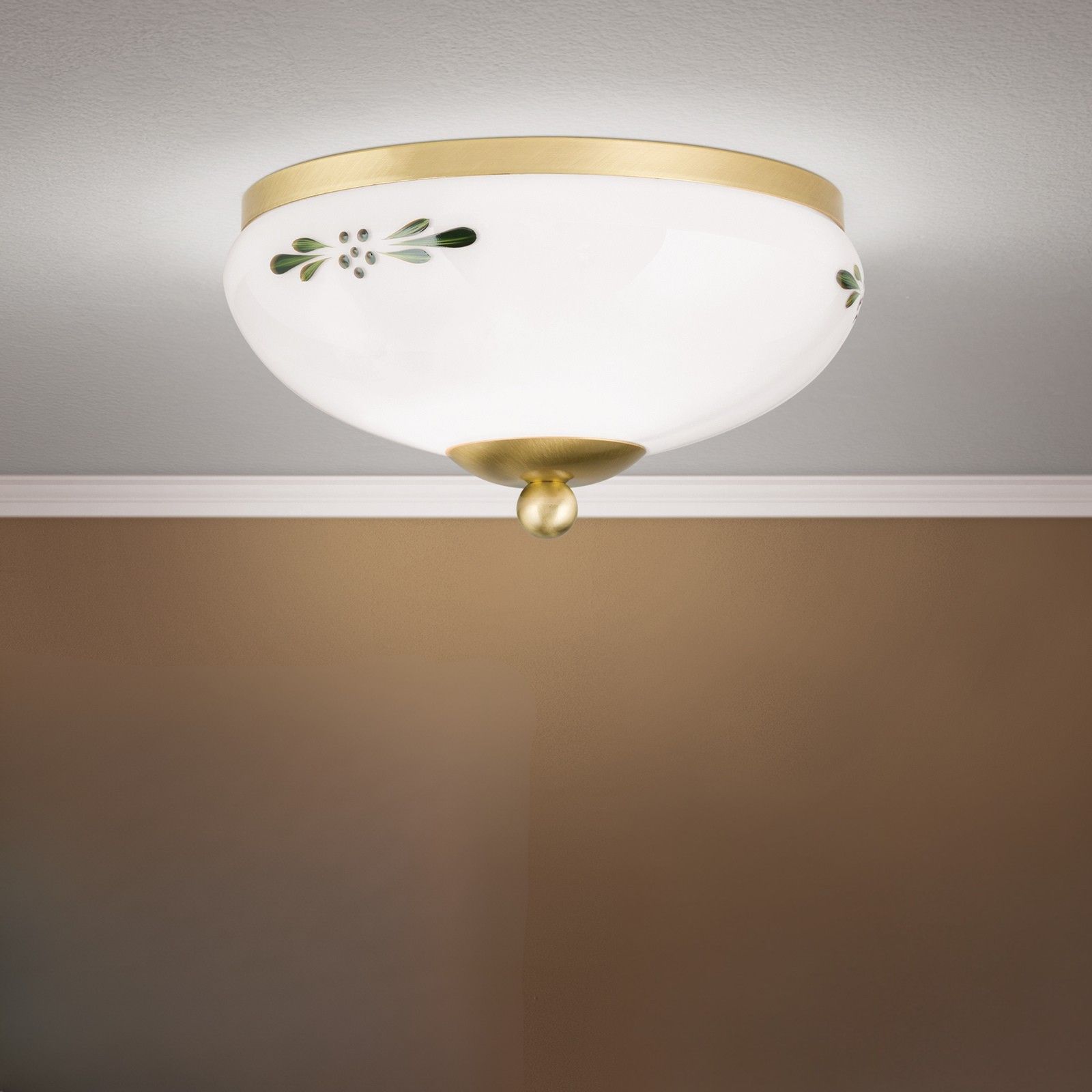 Stropní svítidlo LANDHAUS, mosazné, se zeleným dekorem, s knoflíkem, Ø 21cm
