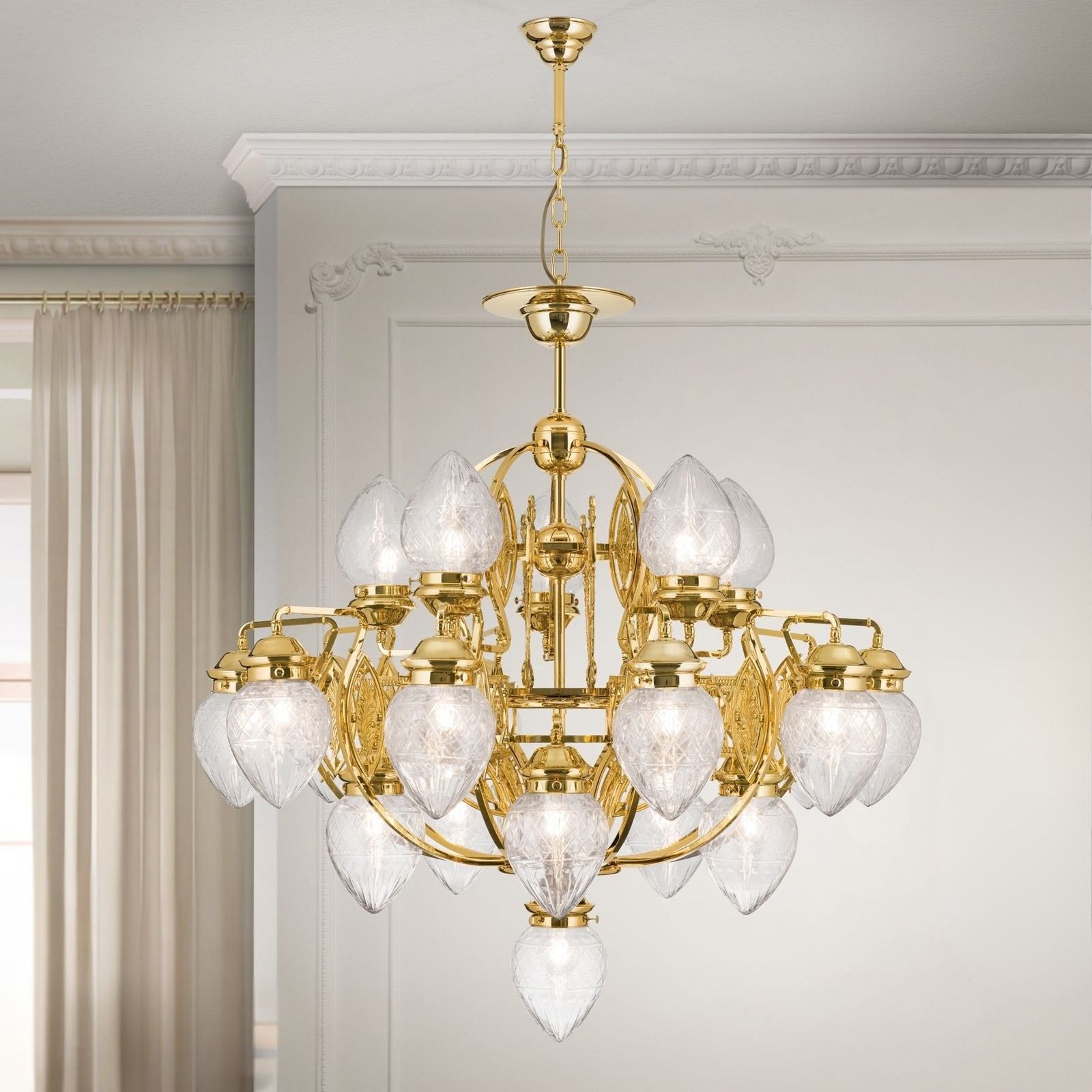 Chandelier BUDAPEST, 21 lights in 24K gold plated finish with clear cut glasses