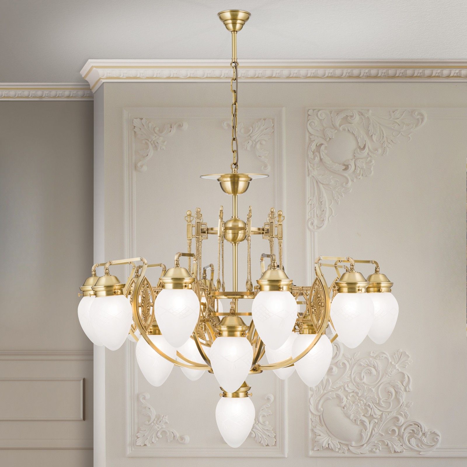 Lustr BUDAPEST, 16 plamenů, bronz, s čirými matnými skly