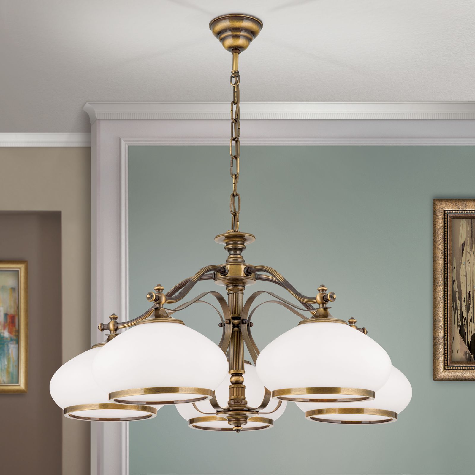 Chandelier EMPIRE, Antique Brass finish, with 5 opal glasses