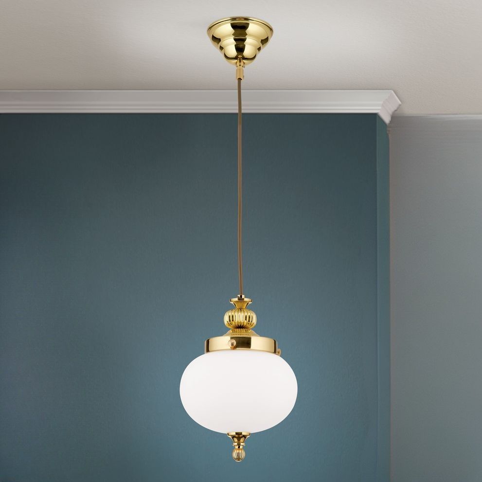 Závěsné svítidlo WIENER NOSTALGIE, lesklá mosaz, s opálovým matným sklem, 18cm