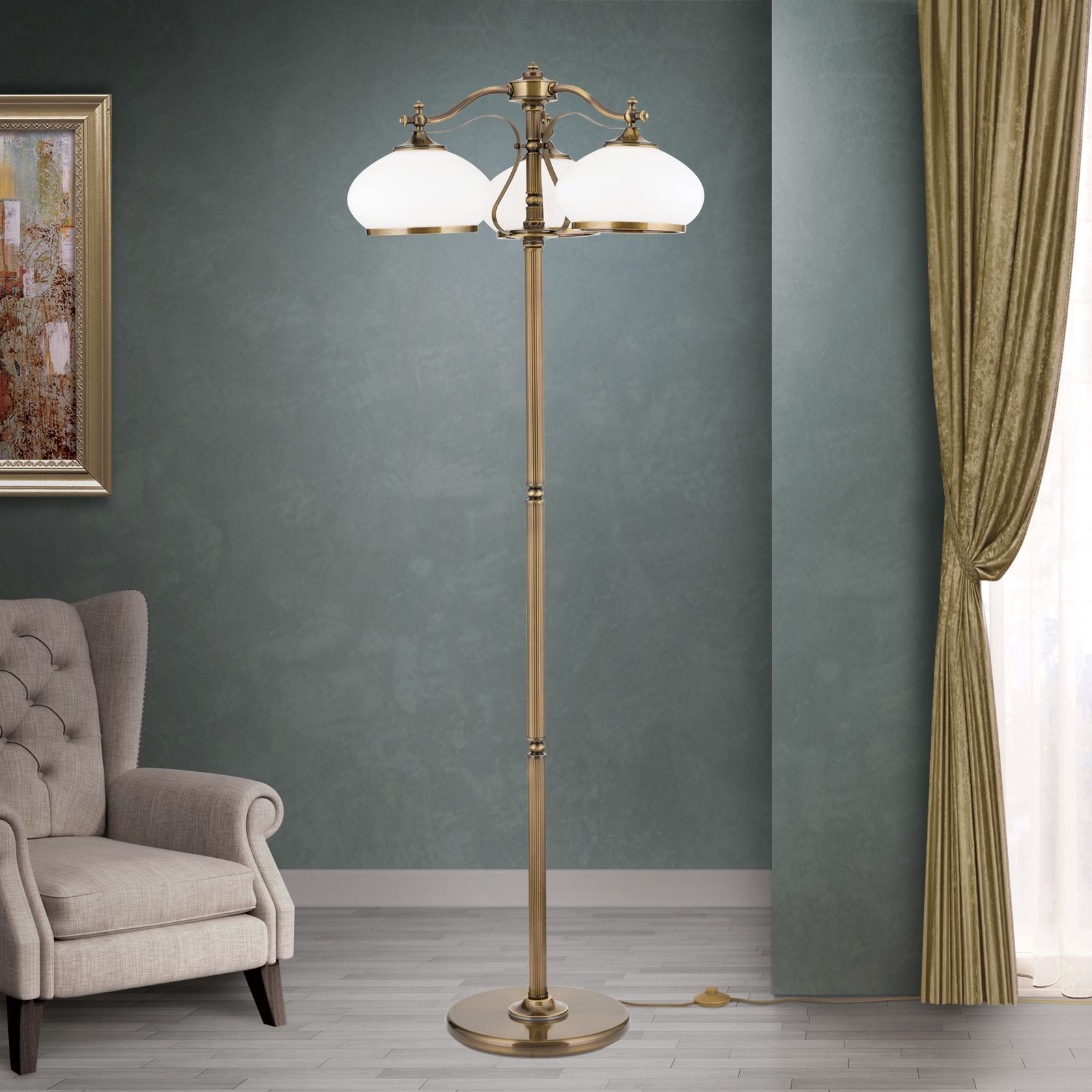 Floor lamp EMPIRE, with 3 opal glass shades, antique brass finish