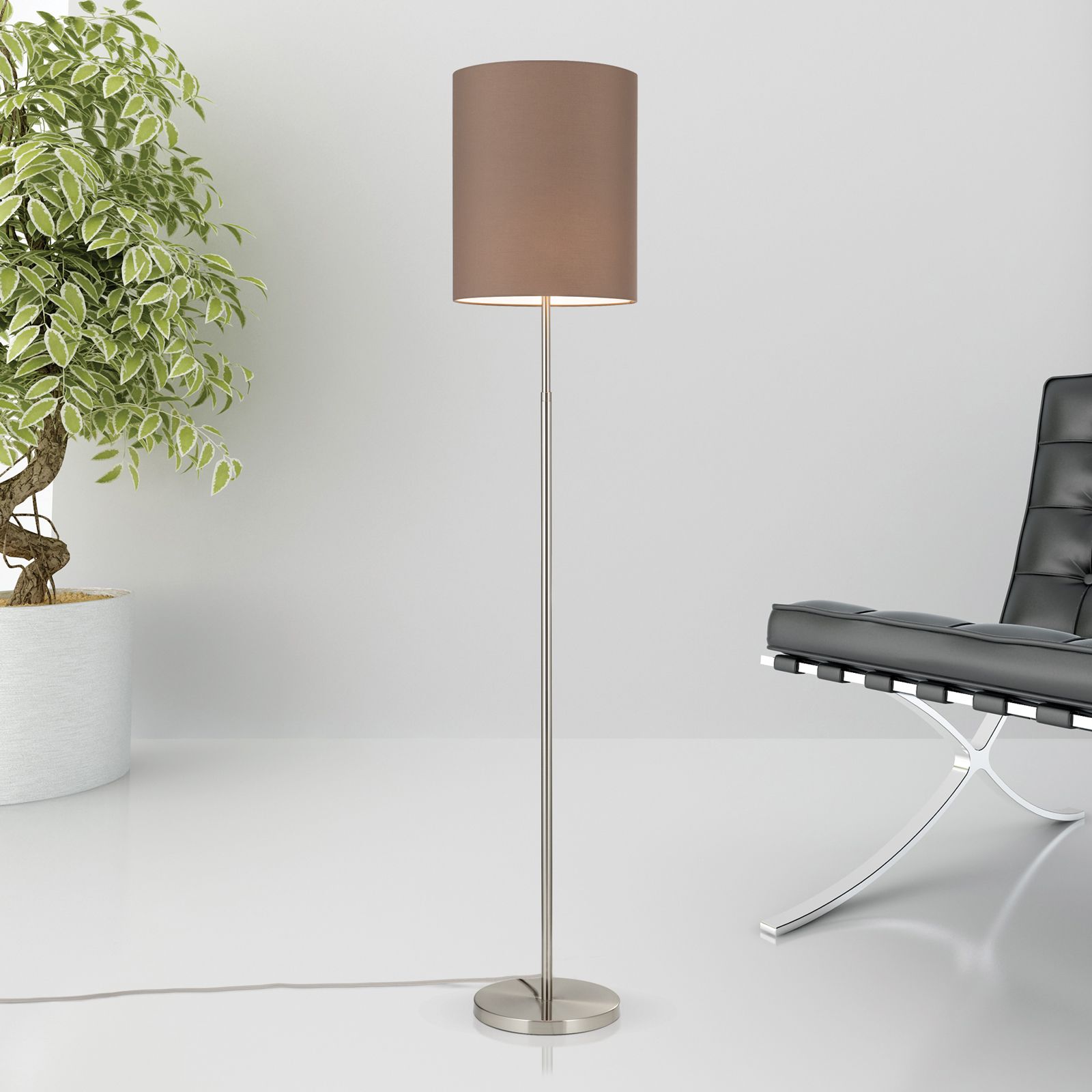 Floor lamp SHADE, satinated, height adjustable, with cylindrical brown shade