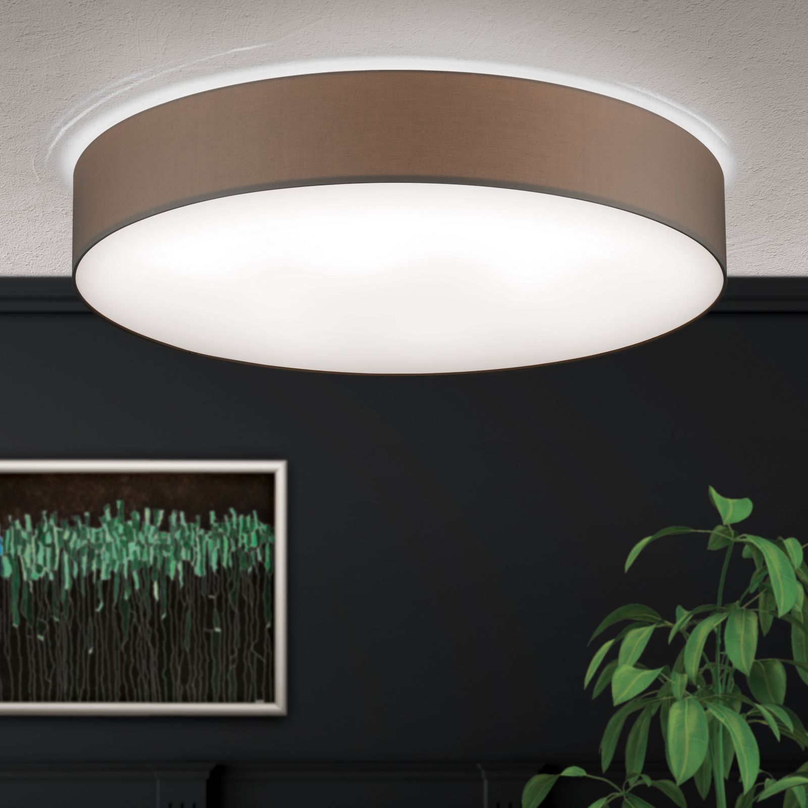 LED ceiling light SHADE, with cylindrical, brown shade, Ø 100cm