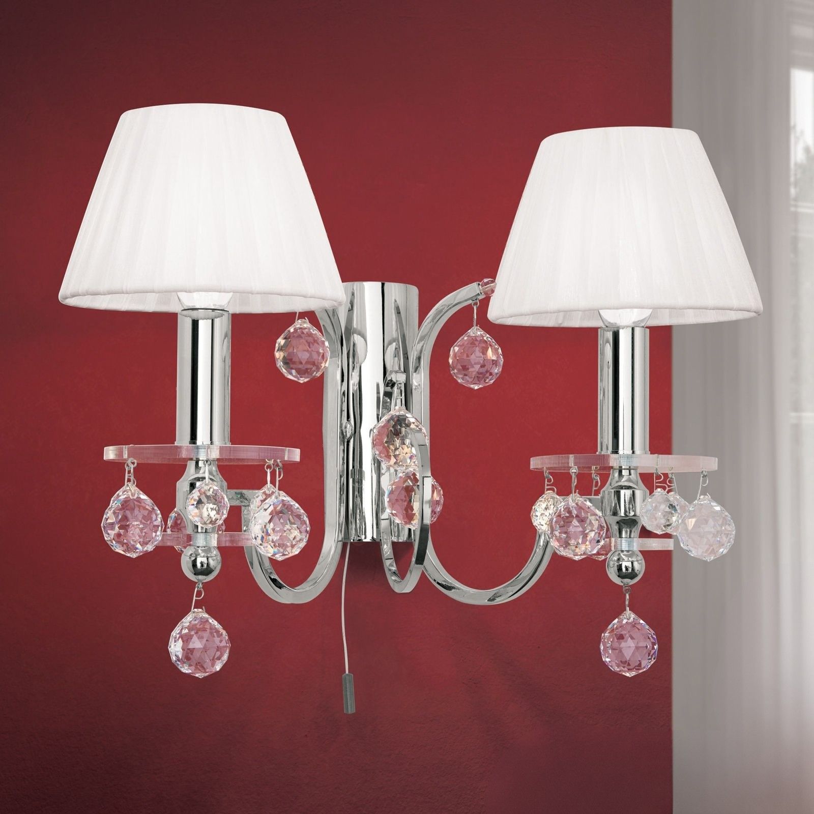 Kristalldesign crystal wall light, 2 lamps, chrome plated + white shades