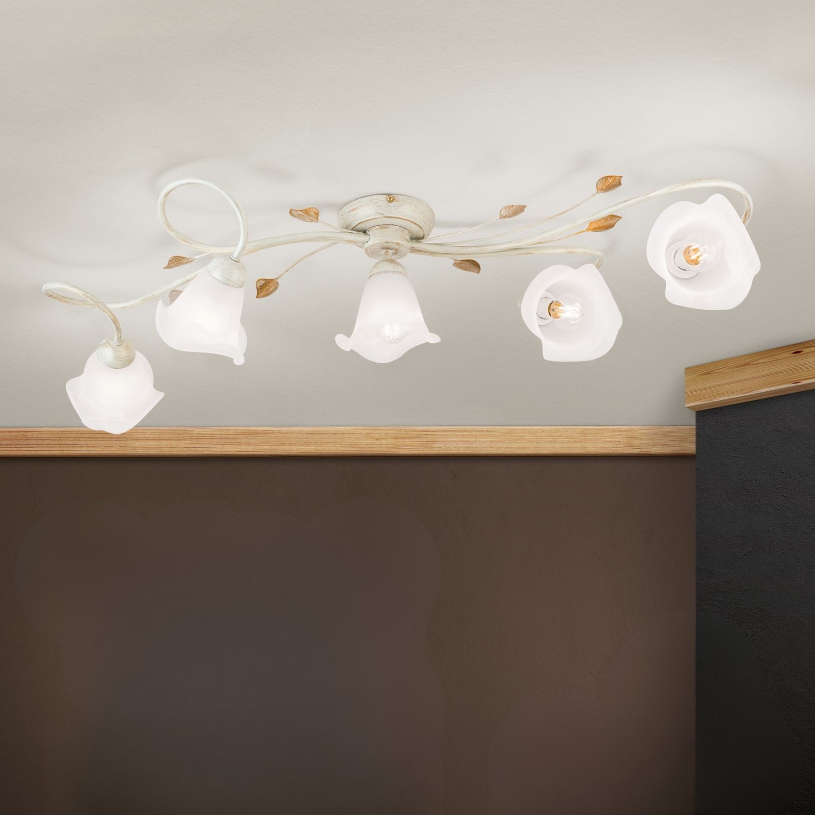 Ceiling light SISI, five lamps, ivory-gold