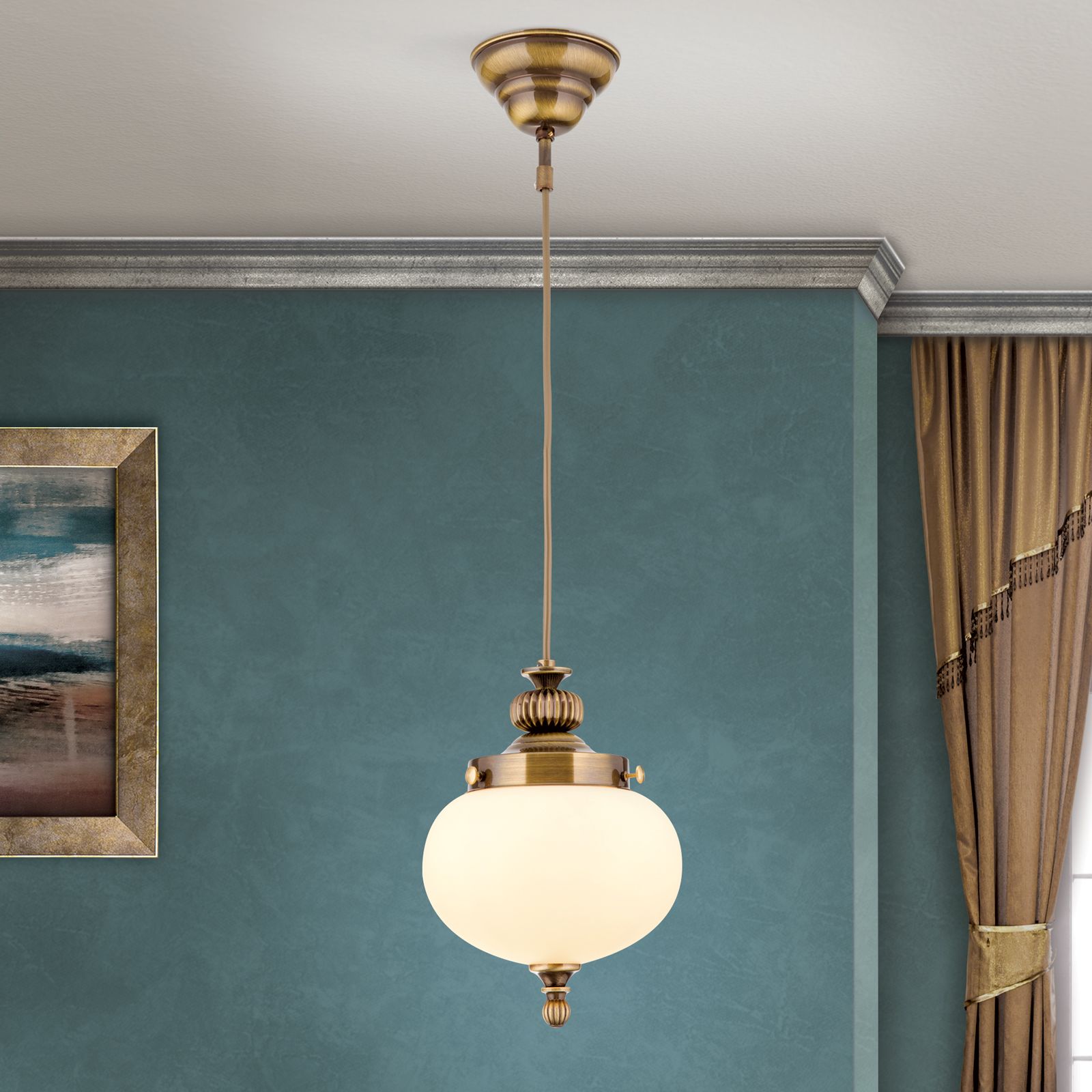 Pendant light WIENER NOSTALGIE, 18cm, antique brass finish, champagne coloured glass