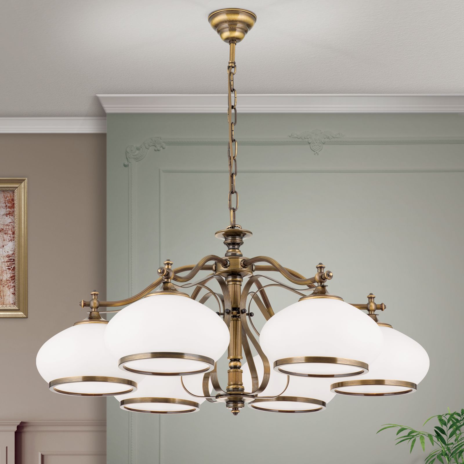 Luster EMPIRE, 6-flammig, Patina, mit opal patinierten Gläsern