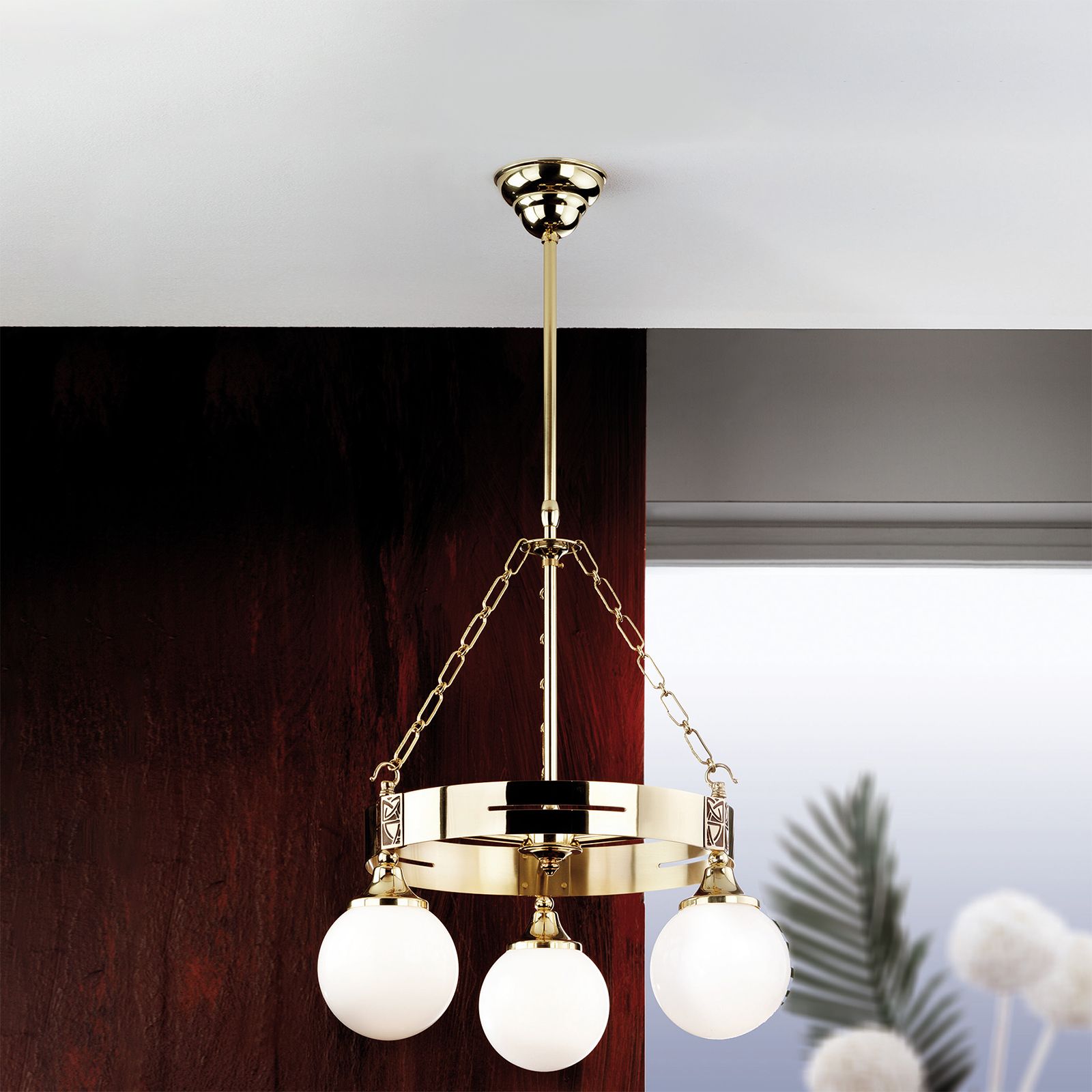 Luster ALT WIEN, 3-flammig, Messing glänzend, mit opal glänzenden Gläsern