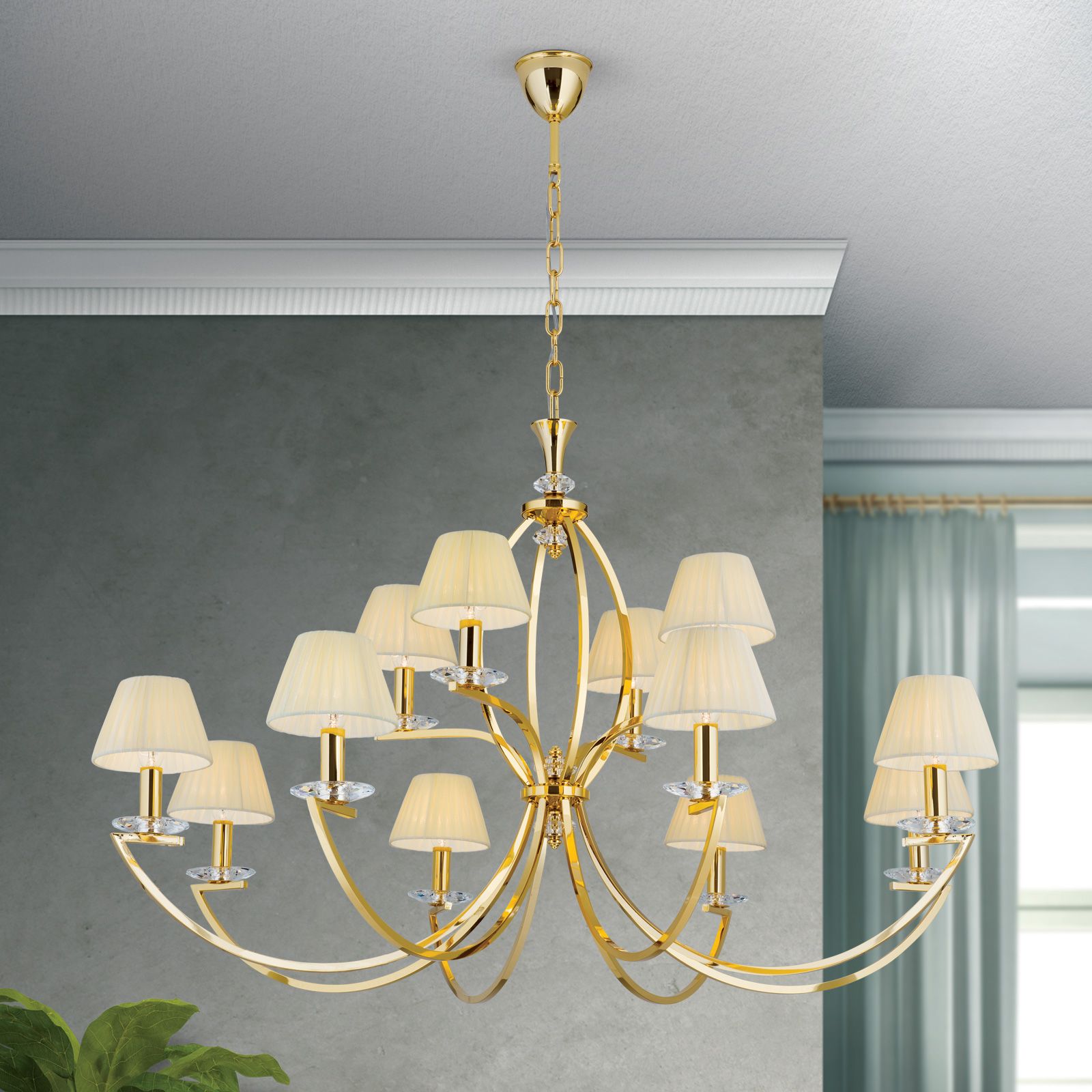 Luster AVALA, 12-flammig, Gold mit champagne färbigen Schirmen