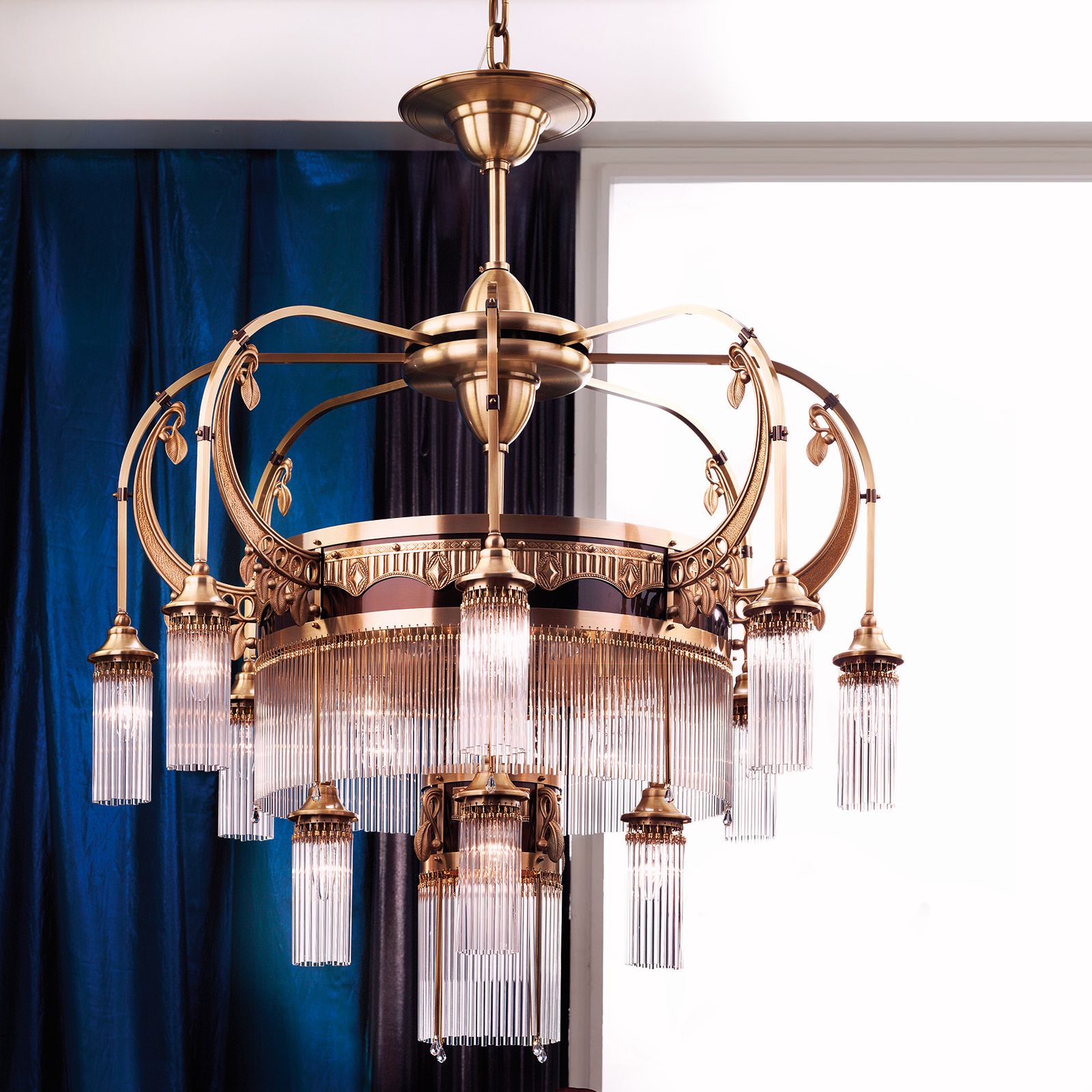 Chandelier ADELE, 13-lamps, old brass, with glass rods