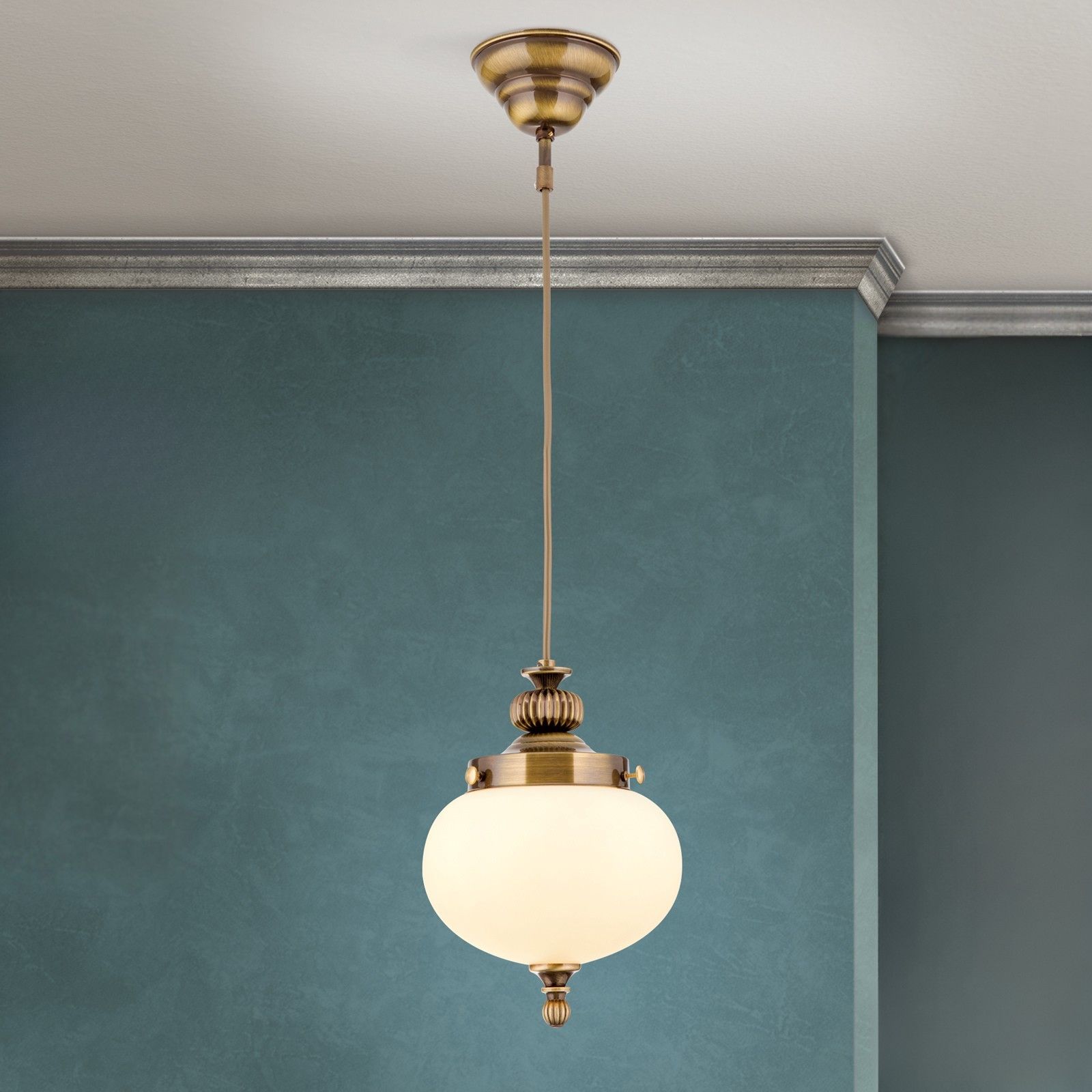 Pendant light WIENER NOSTALGIE, 18cm, antique brass finish, champagne coloured glass