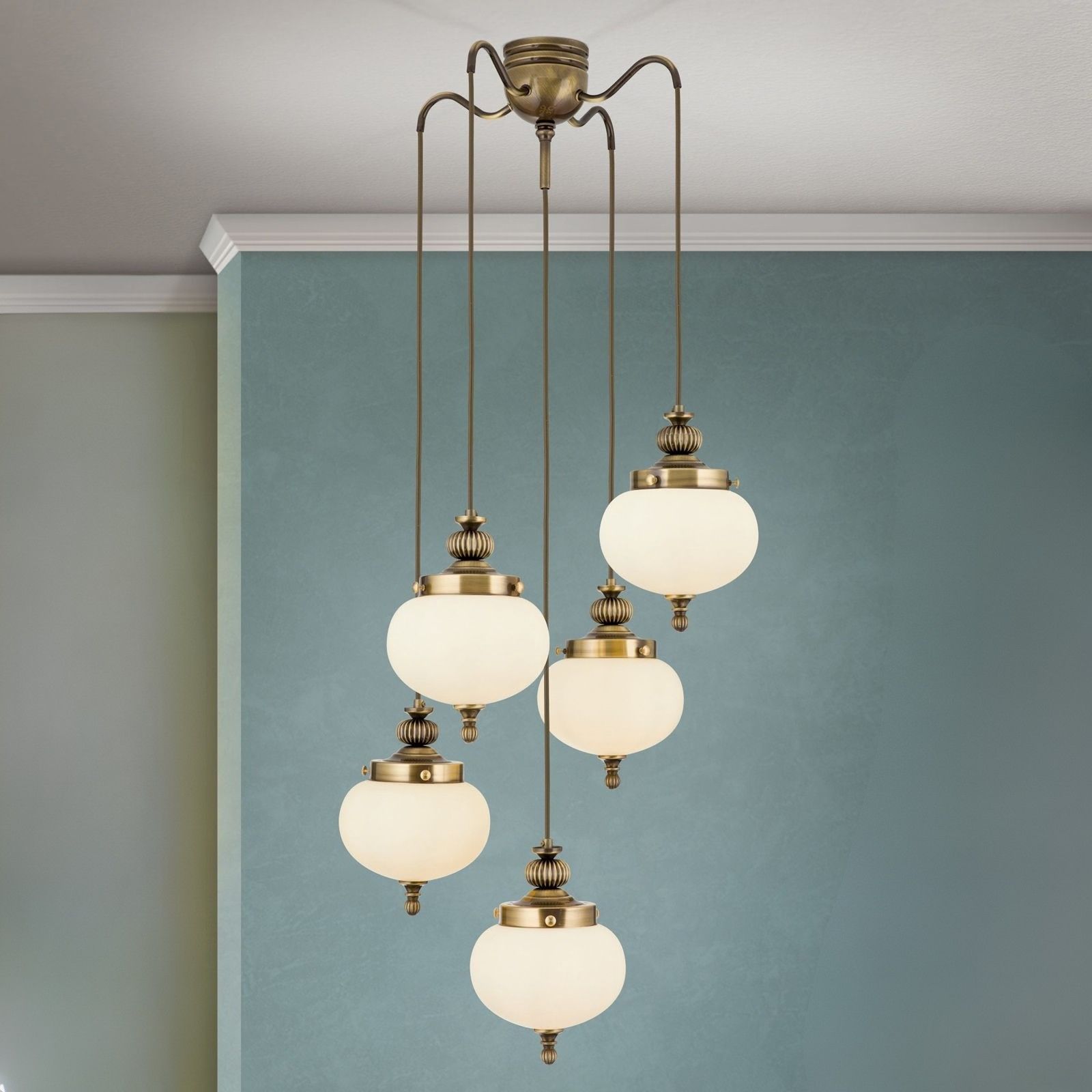 Ceiling light WIENER NOSTALGIE, 4+1 lamps, antique brass finish, champagne coloured glasses