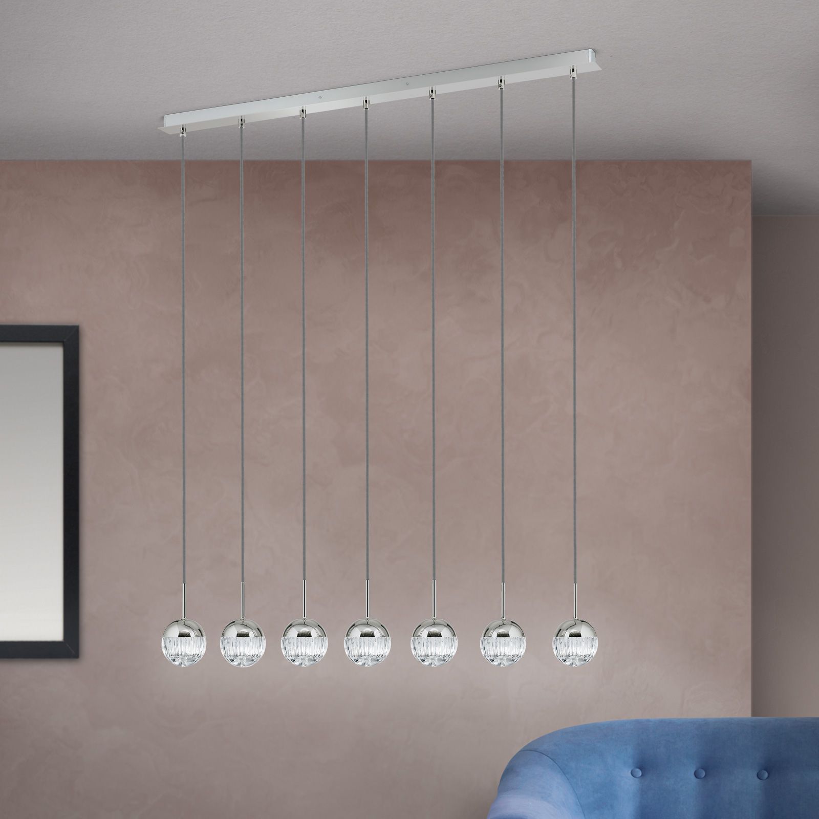 7-flames pendant lamp BALL, nickel, with silver textile cable and clear crystal glass in line cut