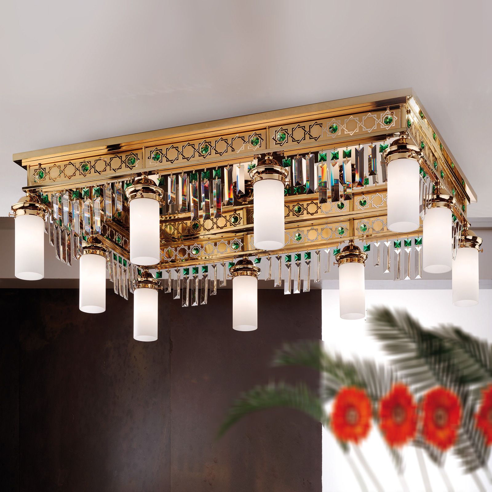 Ceiling chandelier ORIONtal, 10-flames, gold, with green crystal prisms