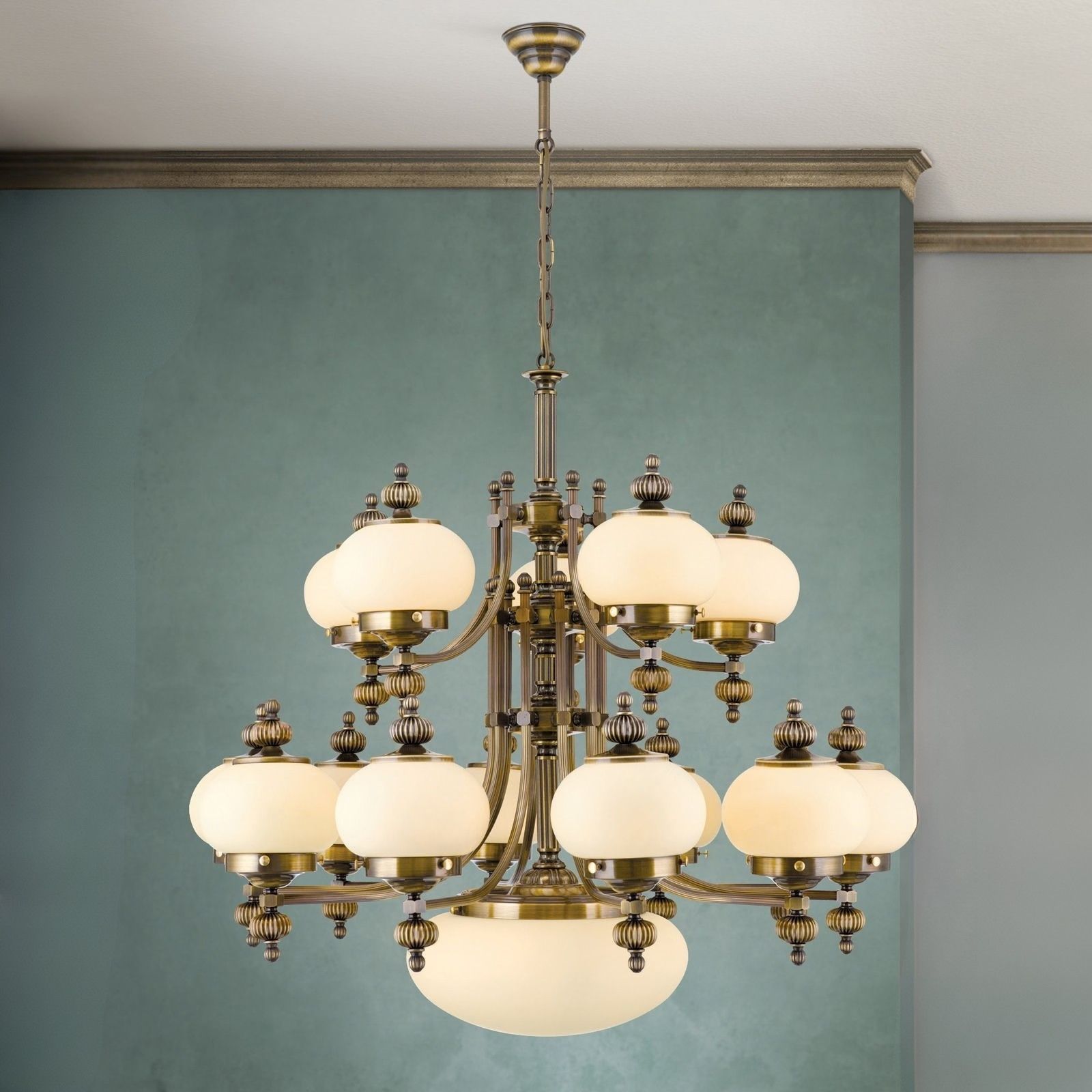 Chandelier WIENER NOSTALGIE, 10+5+1 lamps, antique brass finish, upwards, champagne coloured glasses
