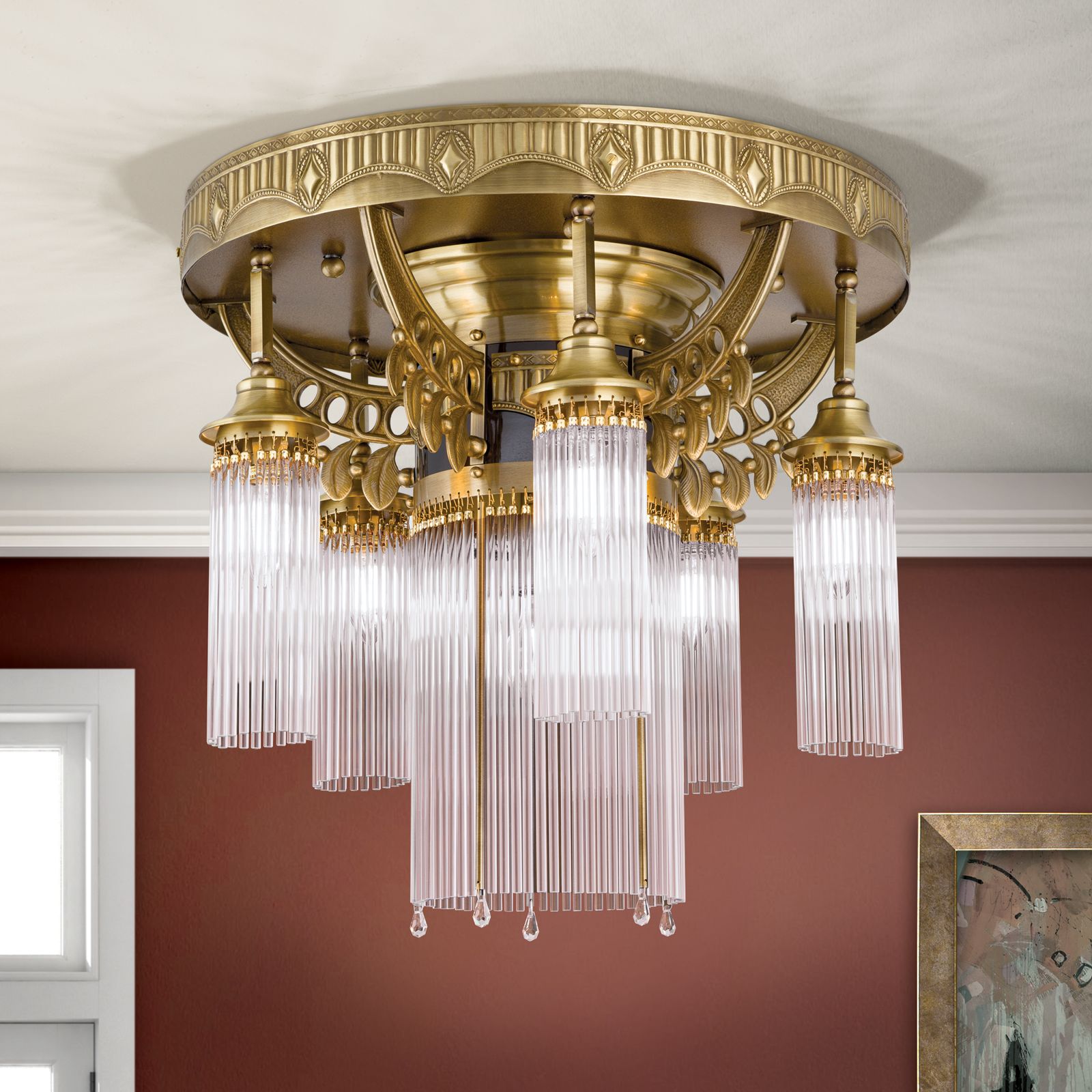 Deckenluster ADELE, 6-flammig, Altmessing, mit Stäbchen