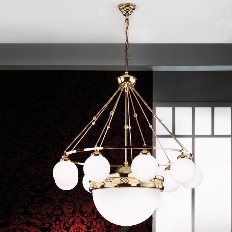 Pendant lamp ALT WIEN, 9+1-flames, brass glossy, with opal glossy glass