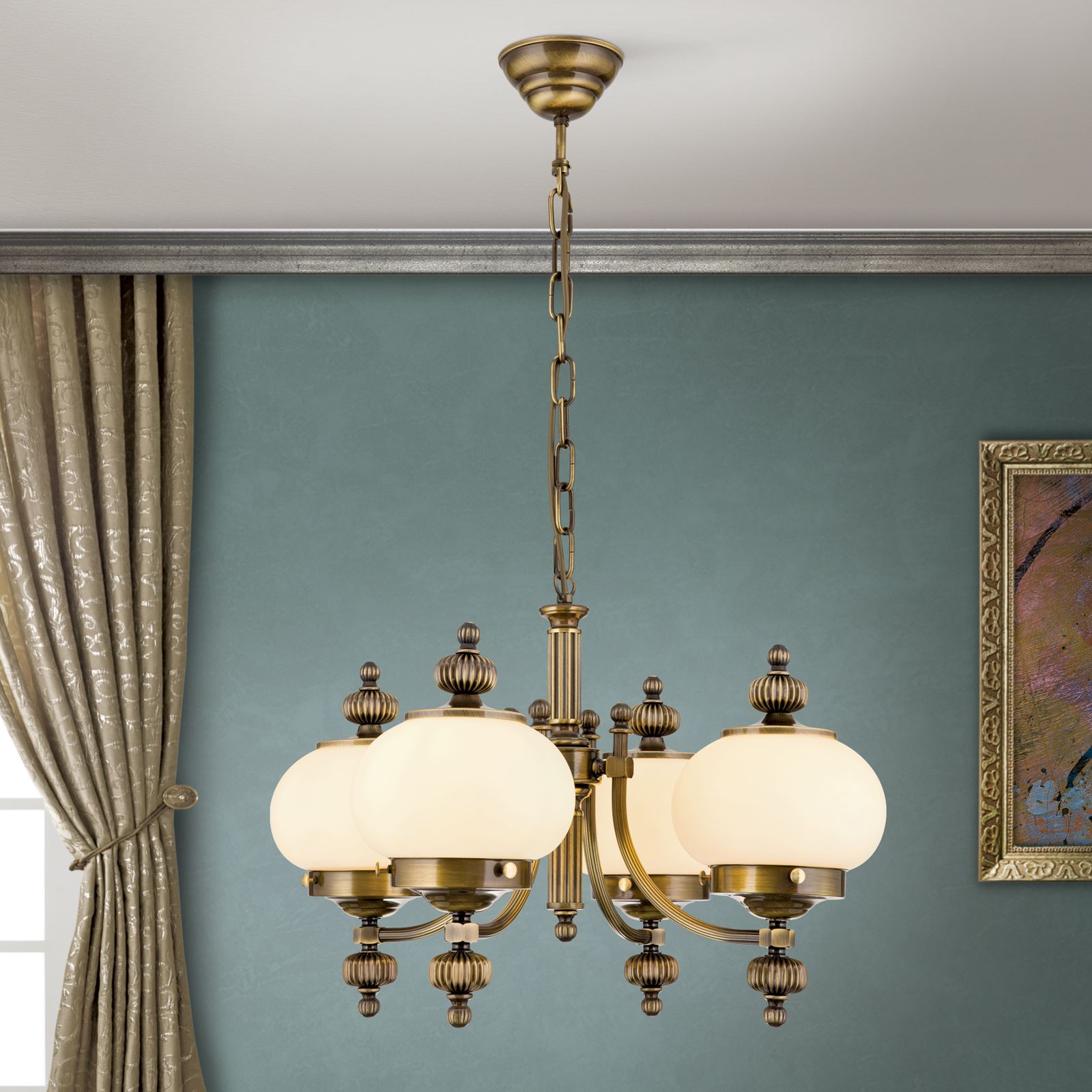 Luster WIENER NOSTALGIE, 4-flammig, patina, mit champagne matten Gläsern, aufwärts