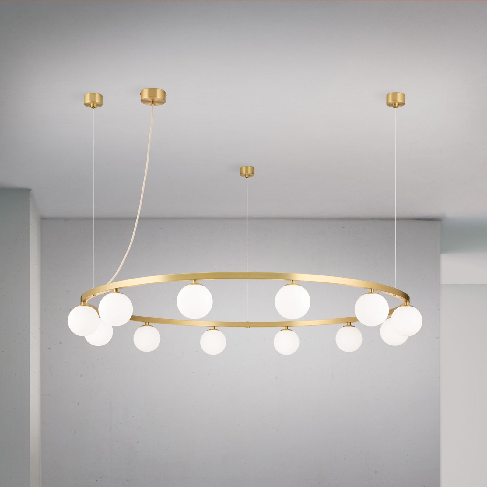 Pendant light TUMBLER, Ø 120cm, downward-facing opal matt glass, brass matt