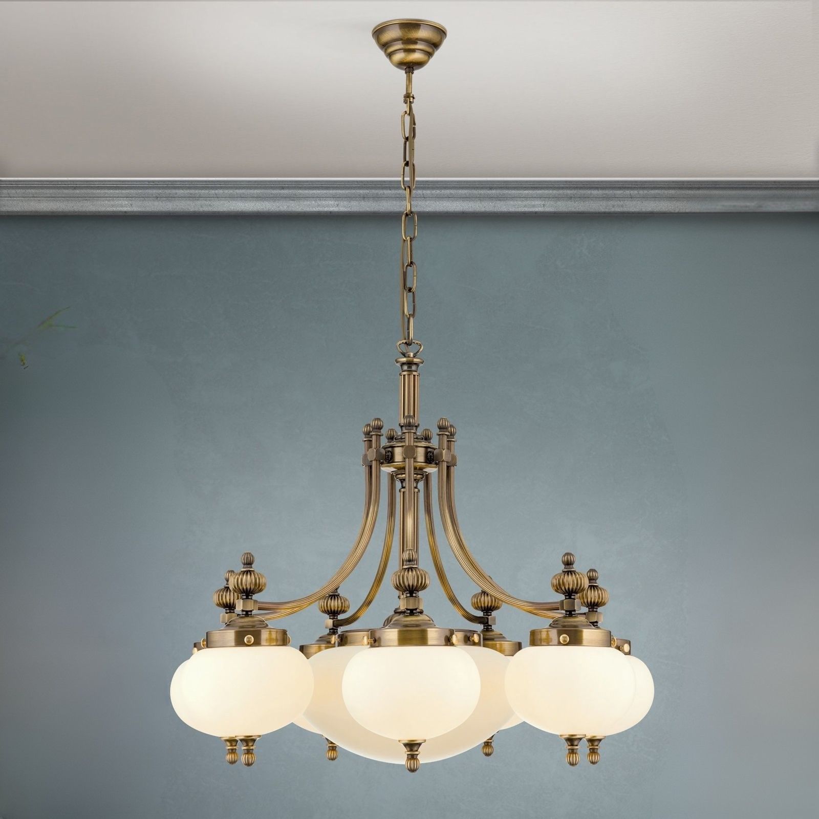 Chandelier WIENER NOSTALGIE, 7+1 lamps, antique brass finish, downwards, champagne coloured glasses