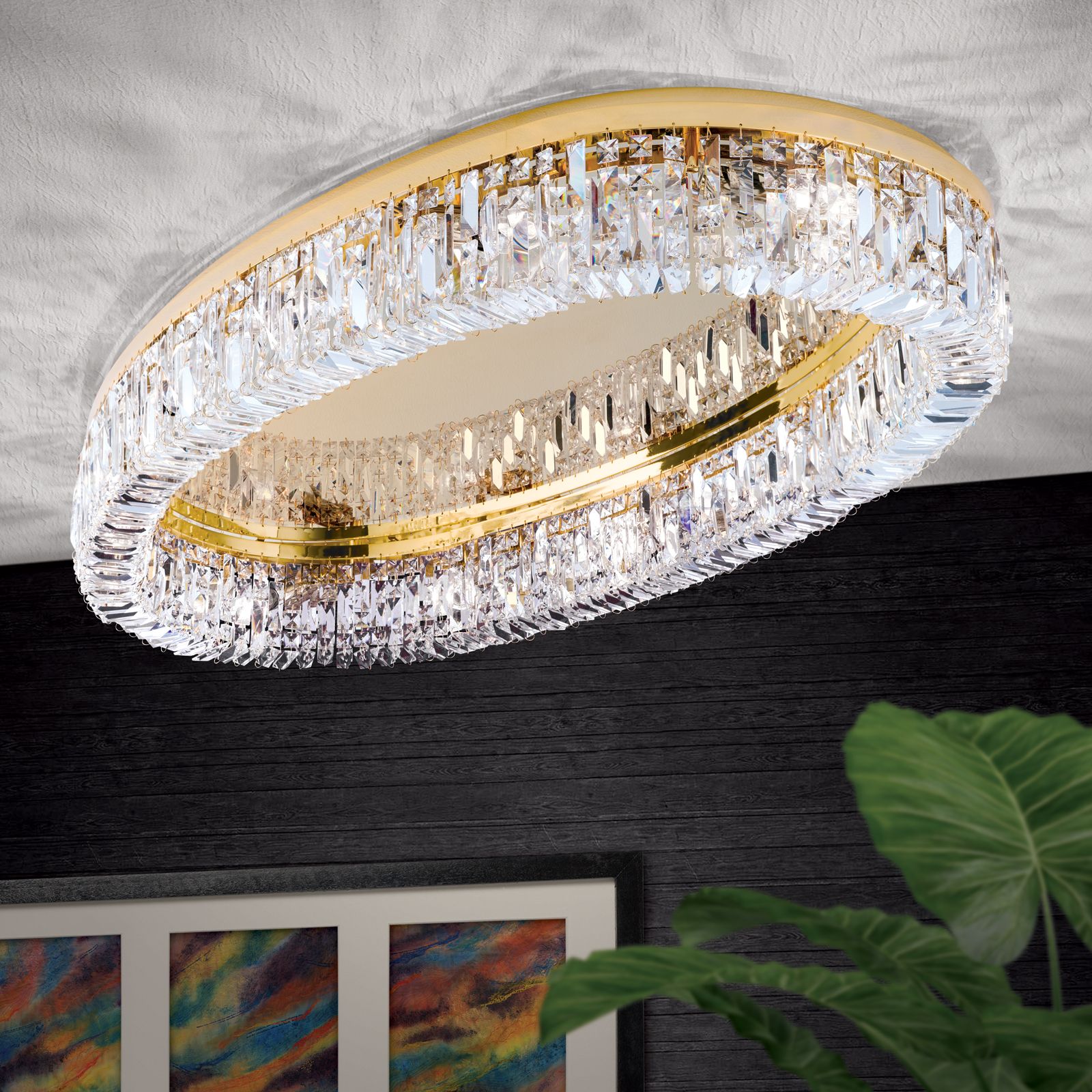 Crystal ceiling light RING, 12-flames, oval, gold