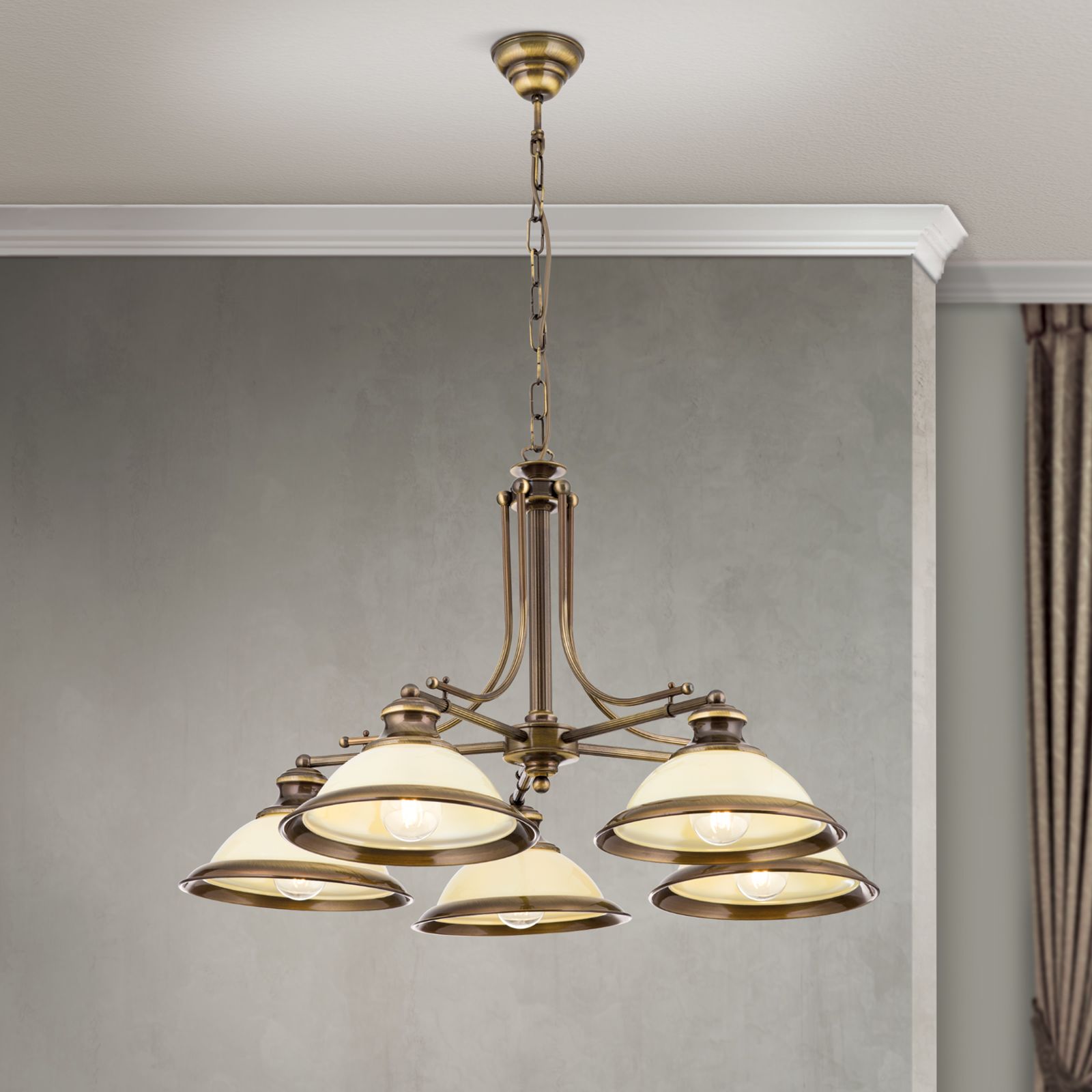 Lustr AUSTRIAN OLD LAMP, 5 plamenů, patina, se sklenicemi na šampaňské