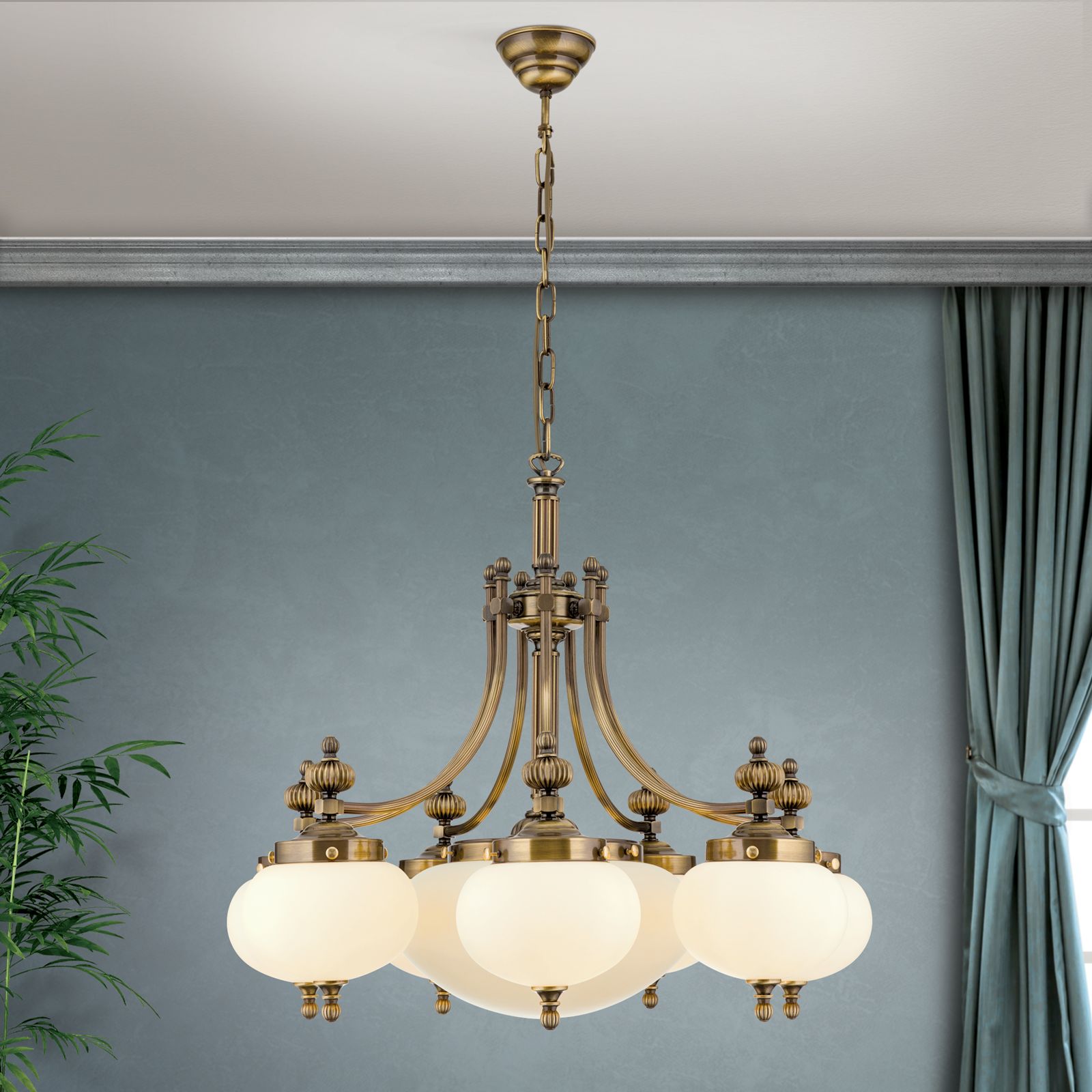 Chandelier WIENER NOSTALGIE, 7+1 lamps, antique brass finish, downwards, champagne coloured glasses