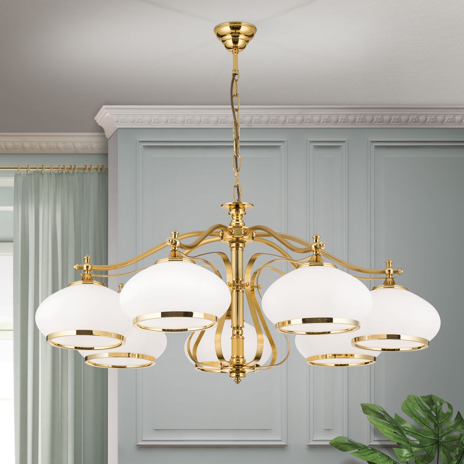 Chandelier EMPIRE, 7-flames, gold, with opal gold glass