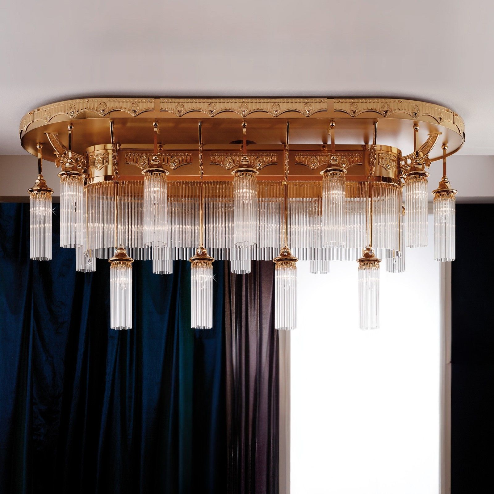 Ceiling chandelier ADELE, 16-flames, oval, gold, with glass rods