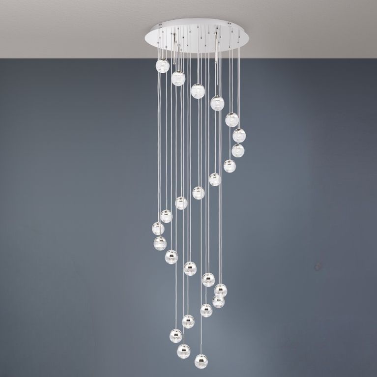Spiral chandelier BALL, Ø 80cm, nickel, with silver textile cable and clear cut crystal glass.