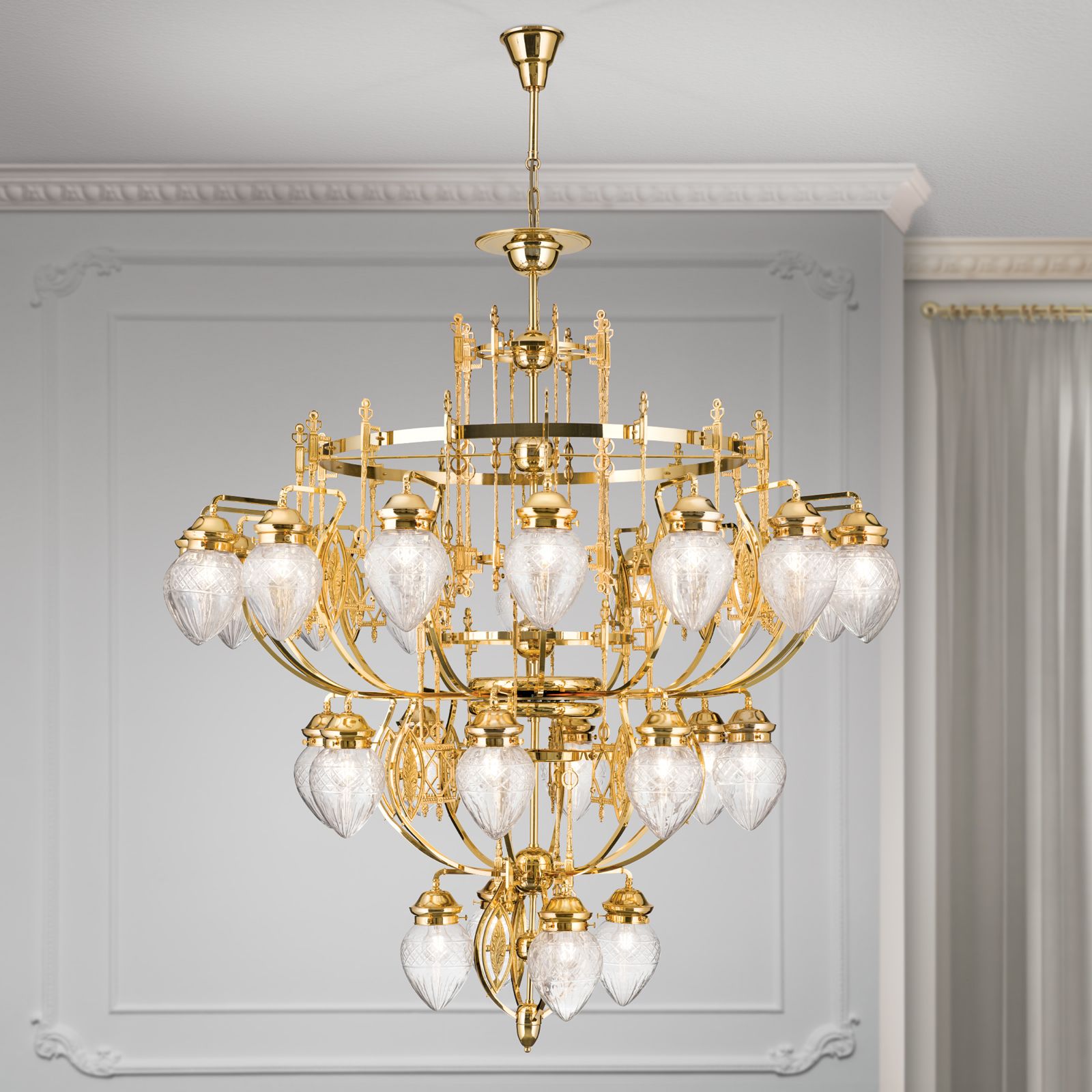 Chandelier BUDAPEST, 28 lights in 24K gold plated finish with clear cut glasses