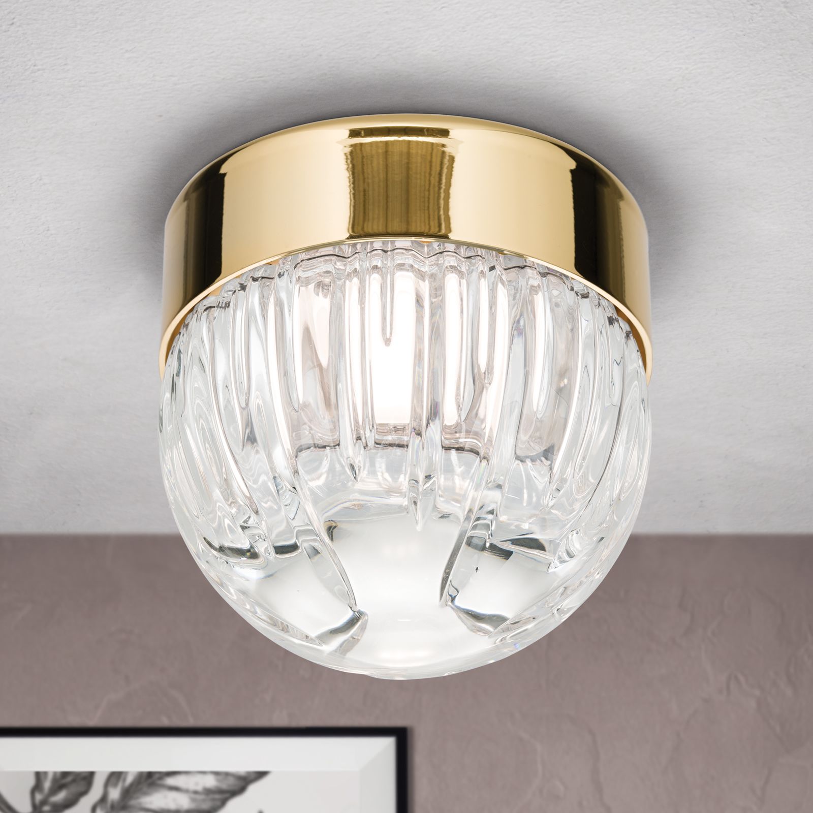 Small ceiling light BALL, gold, with clear crystal glass in line cut