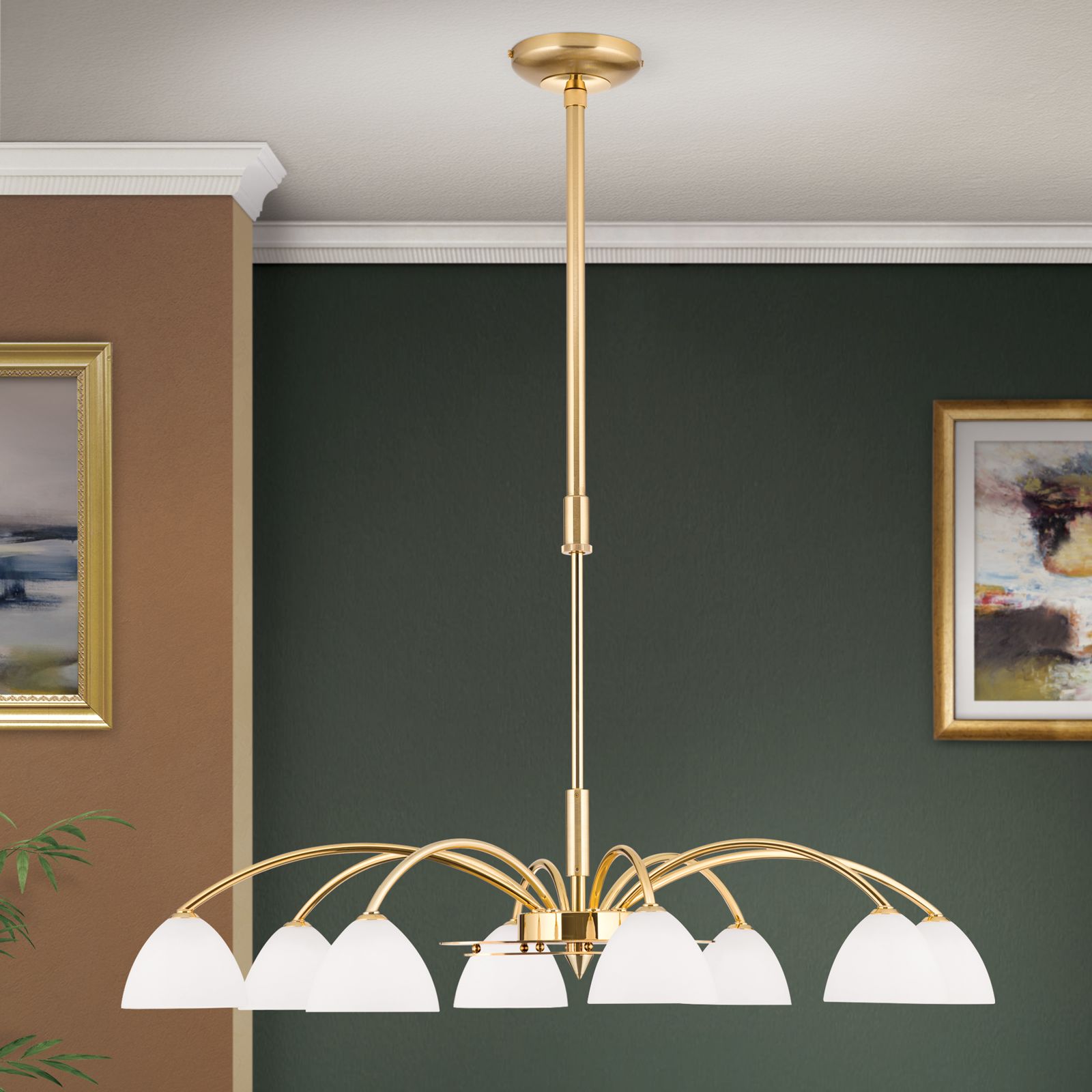 Chandelier OPALDESIGN, 8-flames, gold matt, with opal glass