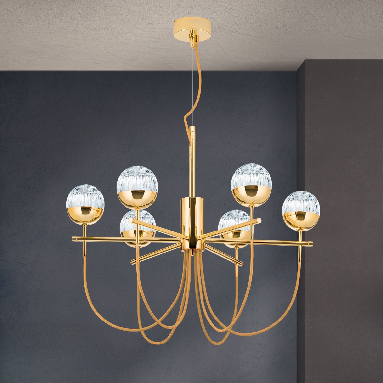 Chandelier BALL, 6-flames, gold, with golden textile cable and clear crystal glass in line cut