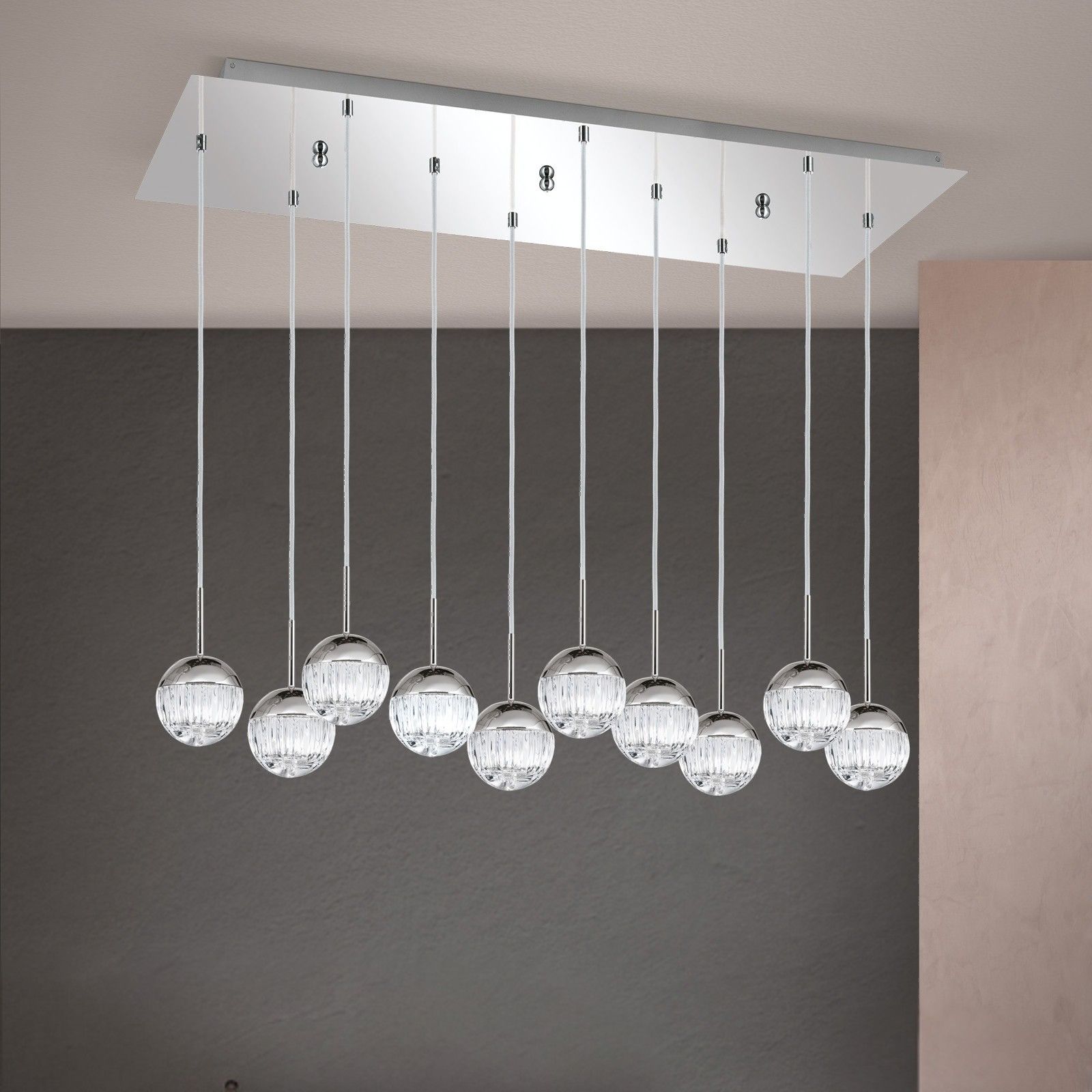 Rectangular pendant lamp BALL, nickel, with silver textile cable and clear line-cut crystal glass