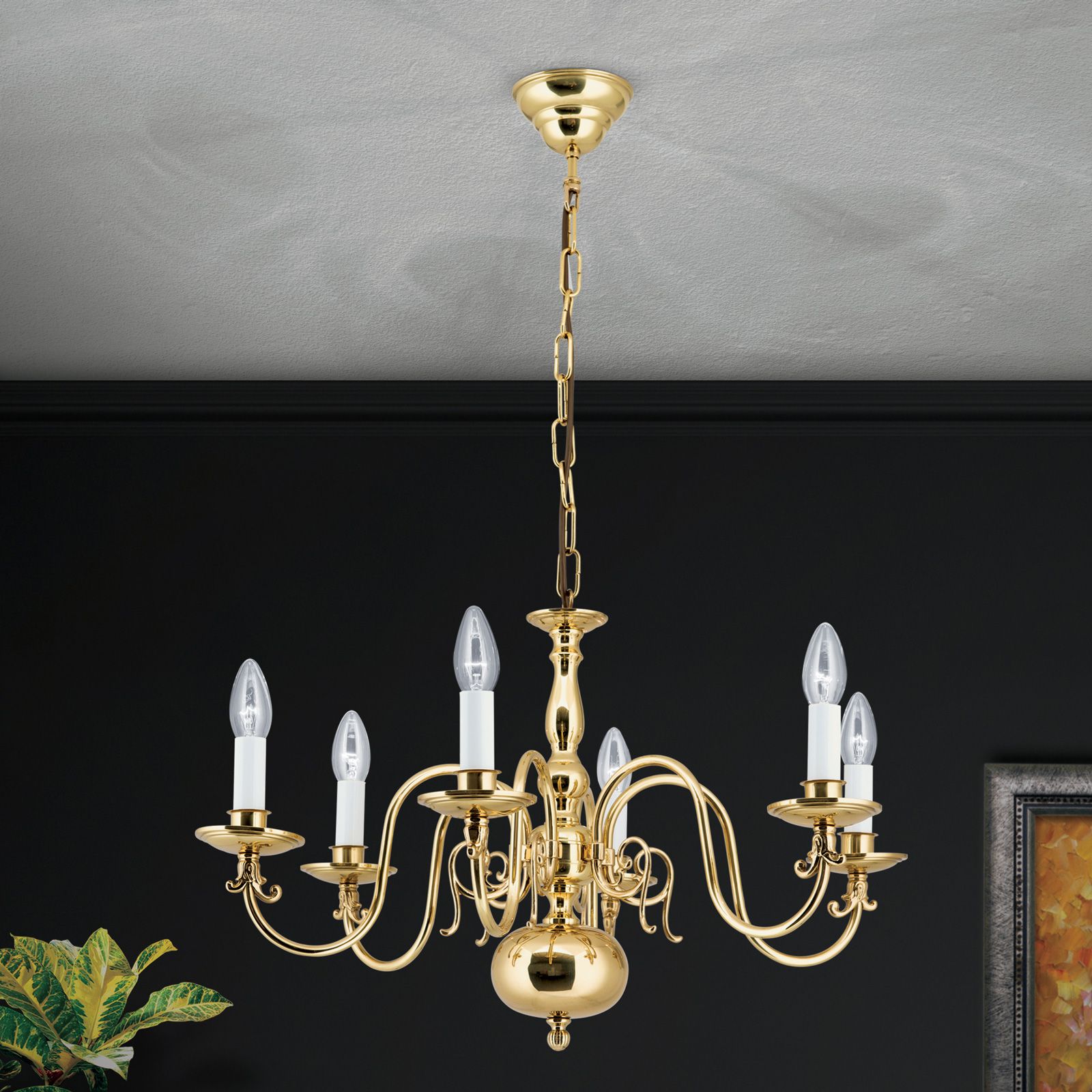 Chandelier FLÄMISCH, 6-flames, shiny brass