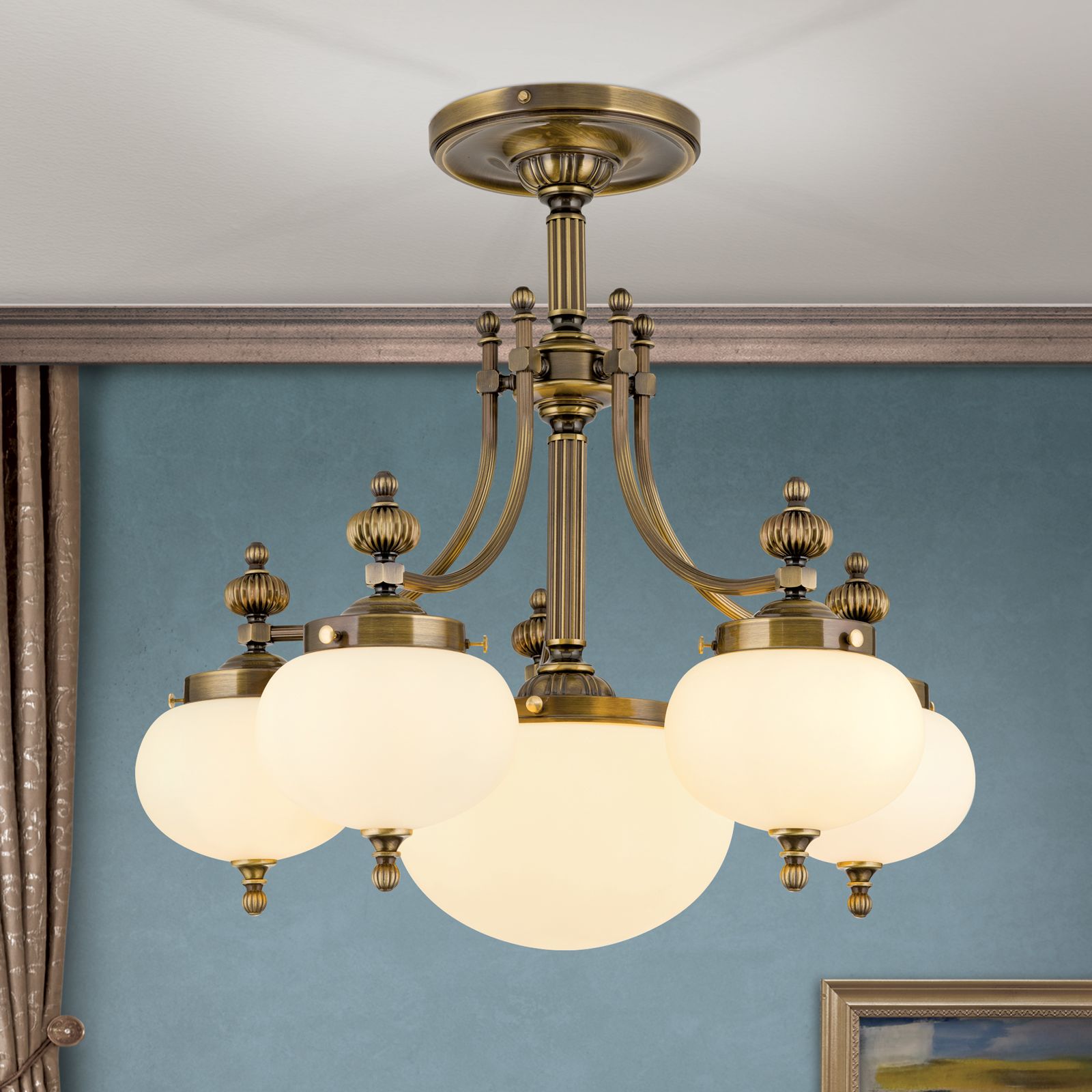 Ceiling light WIENER NOSTALGIE, 5+1 lamps, antique brass finish, champagne coloured glasses