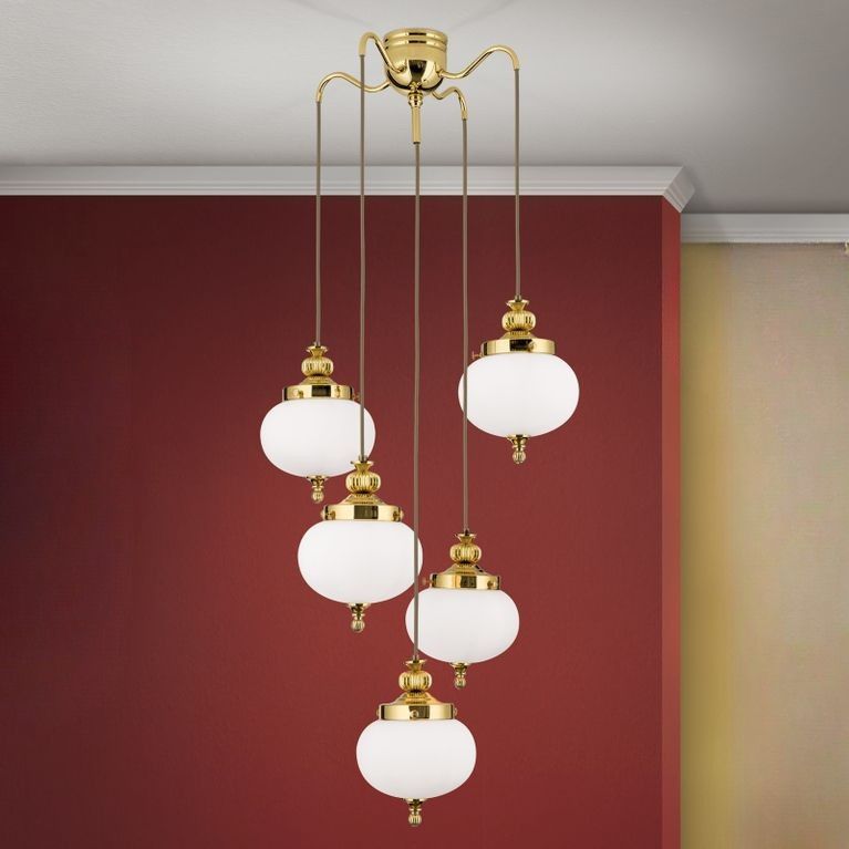 Chandelier WIENER NOSTALGIE, 4+1-lamps, shiny brass, with opal matt glass