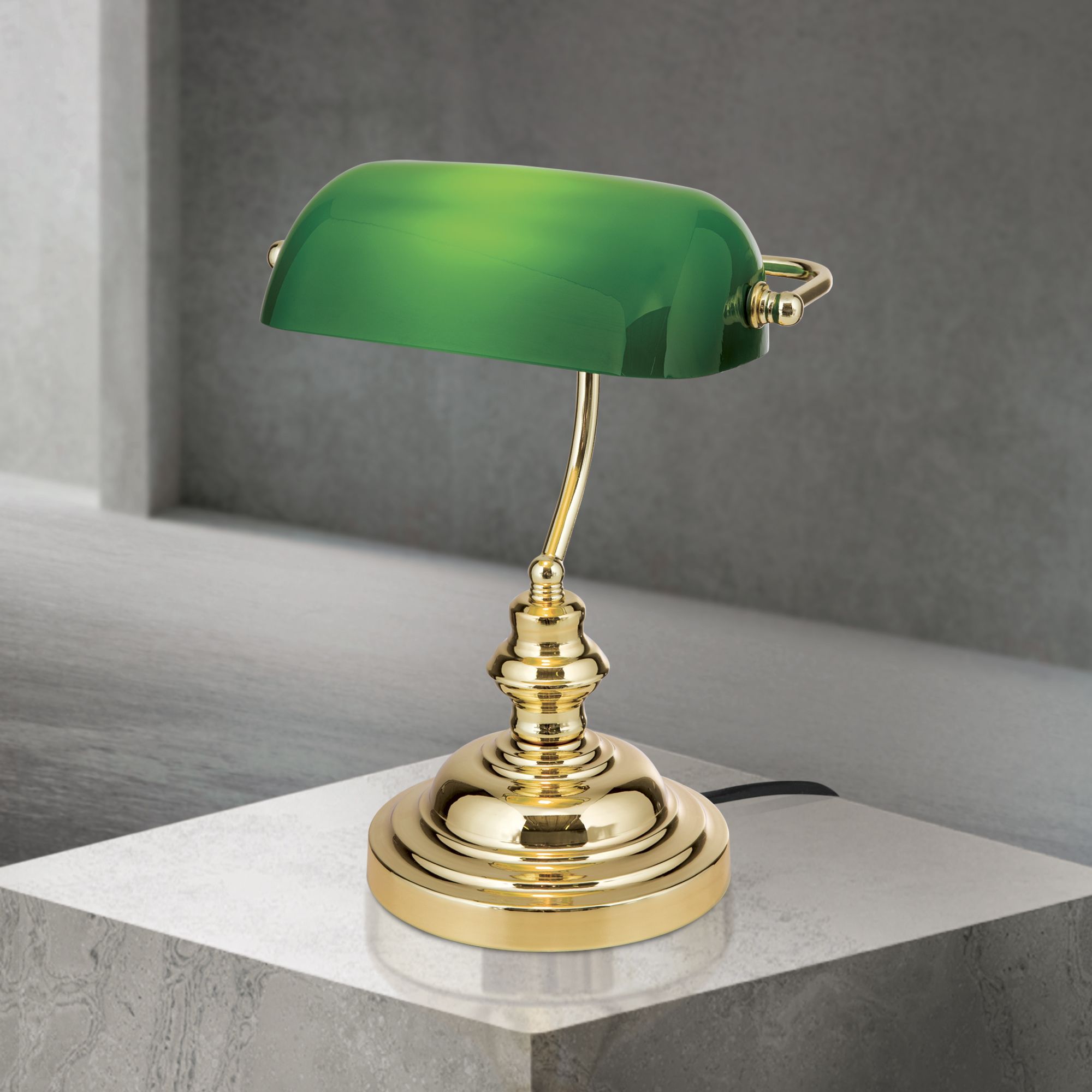 BANKERSLAMP, lesklá mosaz, se zeleným sklem