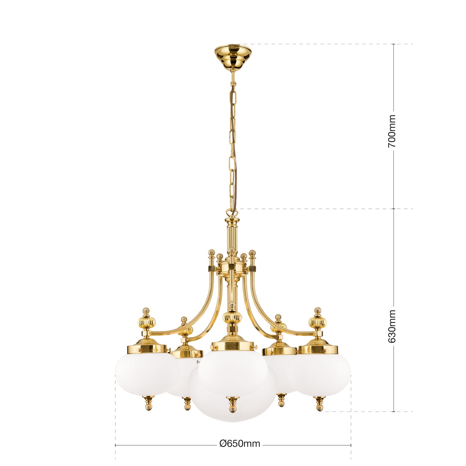 Wiener Nostalgie Chandelier, 5+1 lamps, shiny brass finish