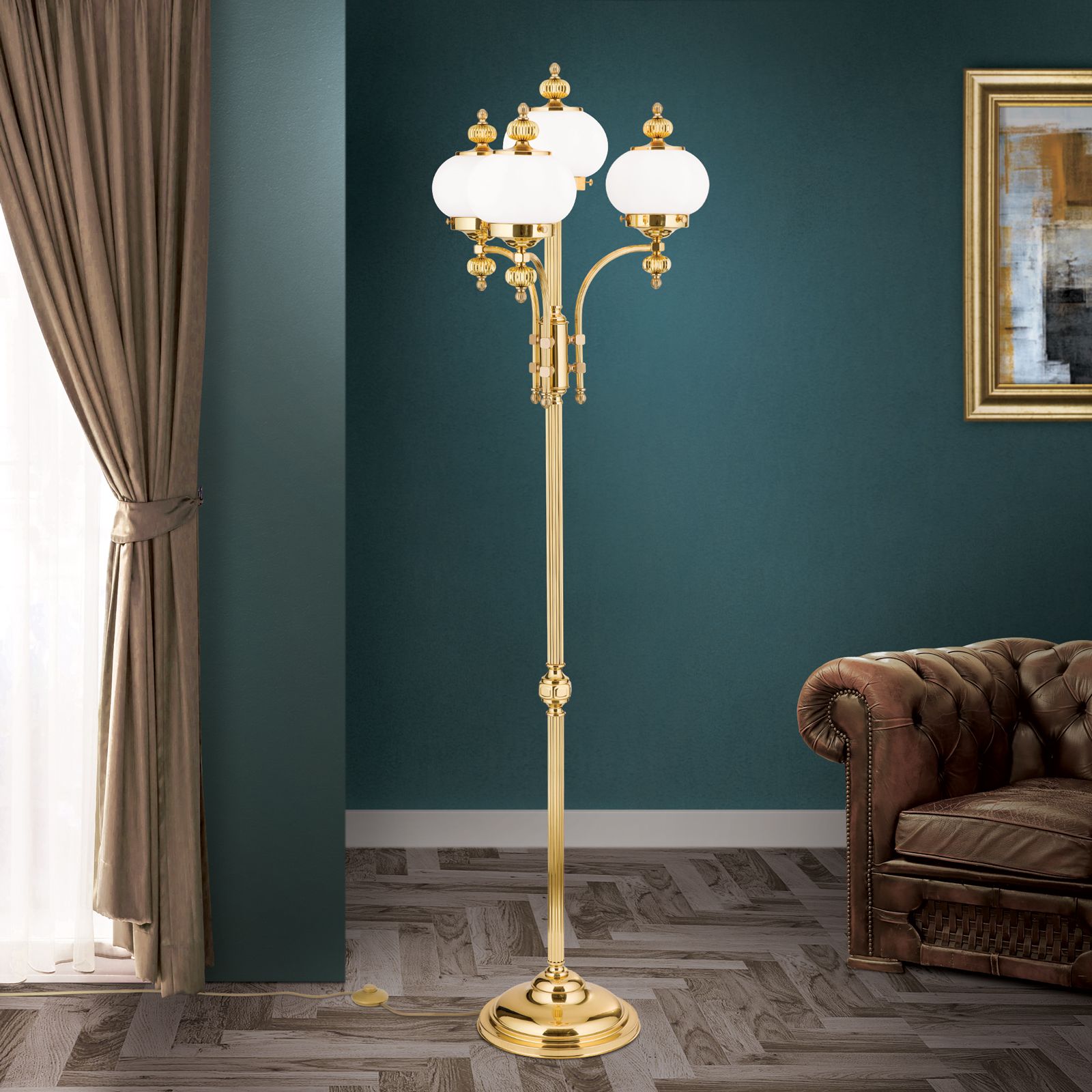 Floor lamp WIENER NOSTALGIE, 4-flames, shiny brass, with opal matt glass