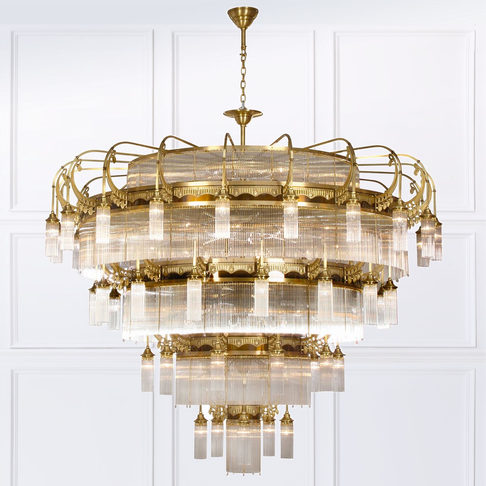 Chandelier ADELE, 91-flames, old brass, with glass rods