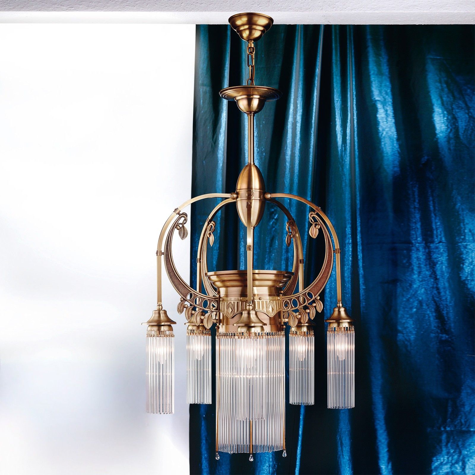 Chandelier ADELE, 6-flames, old brass, with glass rods